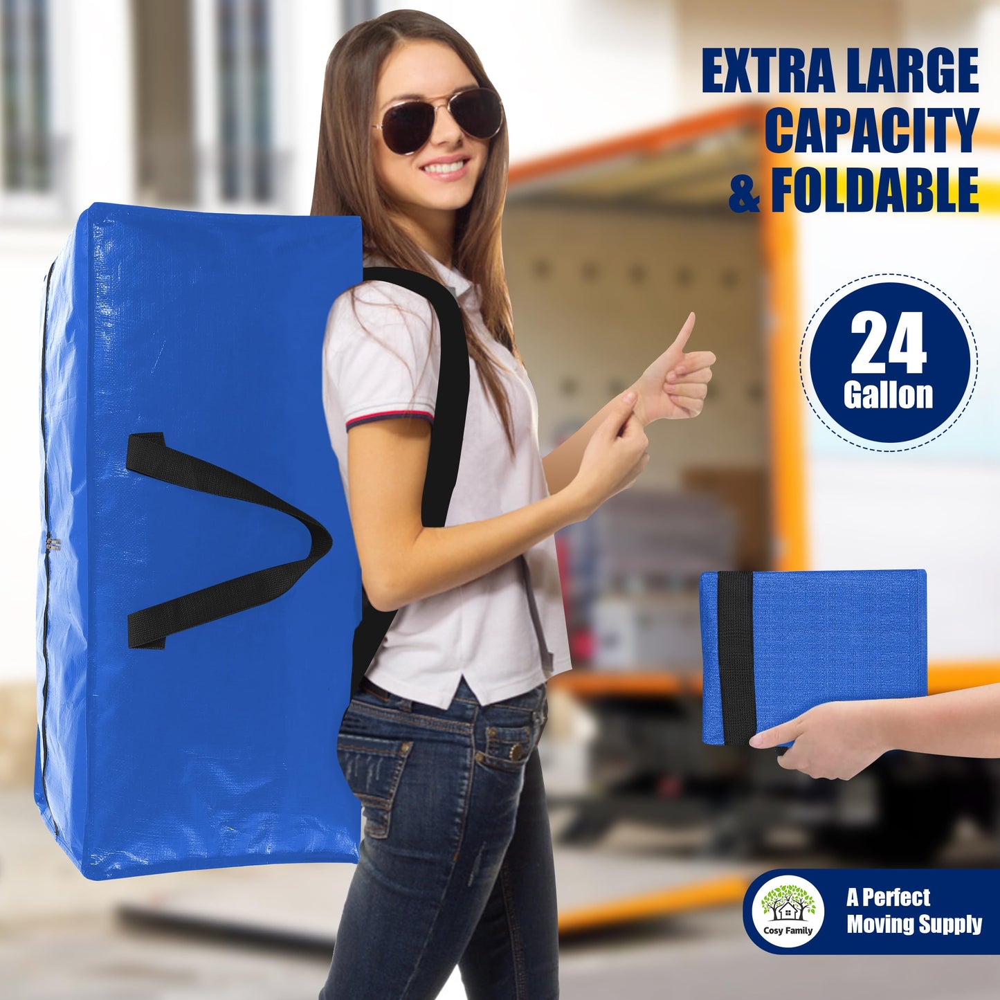 Cosy Family 8 Pack Heavy Duty Extra Large Moving Bags with Backpack Straps - Strong Handles & Zippers, Storage Totes For Space Saving, Fold Flat, Alternative to Moving Box (Set of 8, Blue)