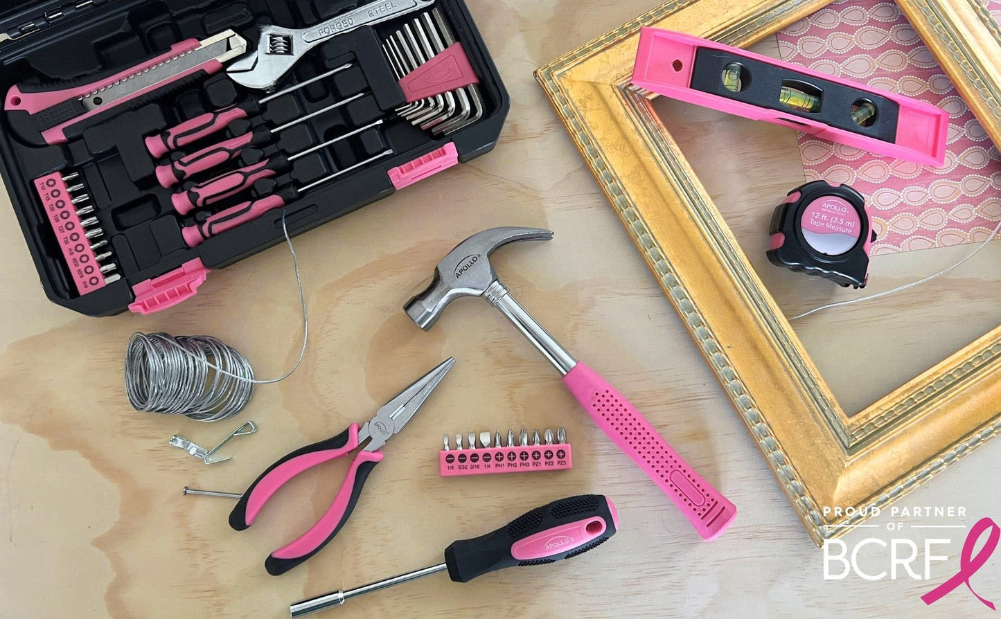 Apollo Tools Original 39 Piece General Household Tool Set in Toolbox Storage Case with Essential Hand Tools for Everyday Home Repairs, DIY and Crafts - Pink Ribbon - Pink - DT9706P