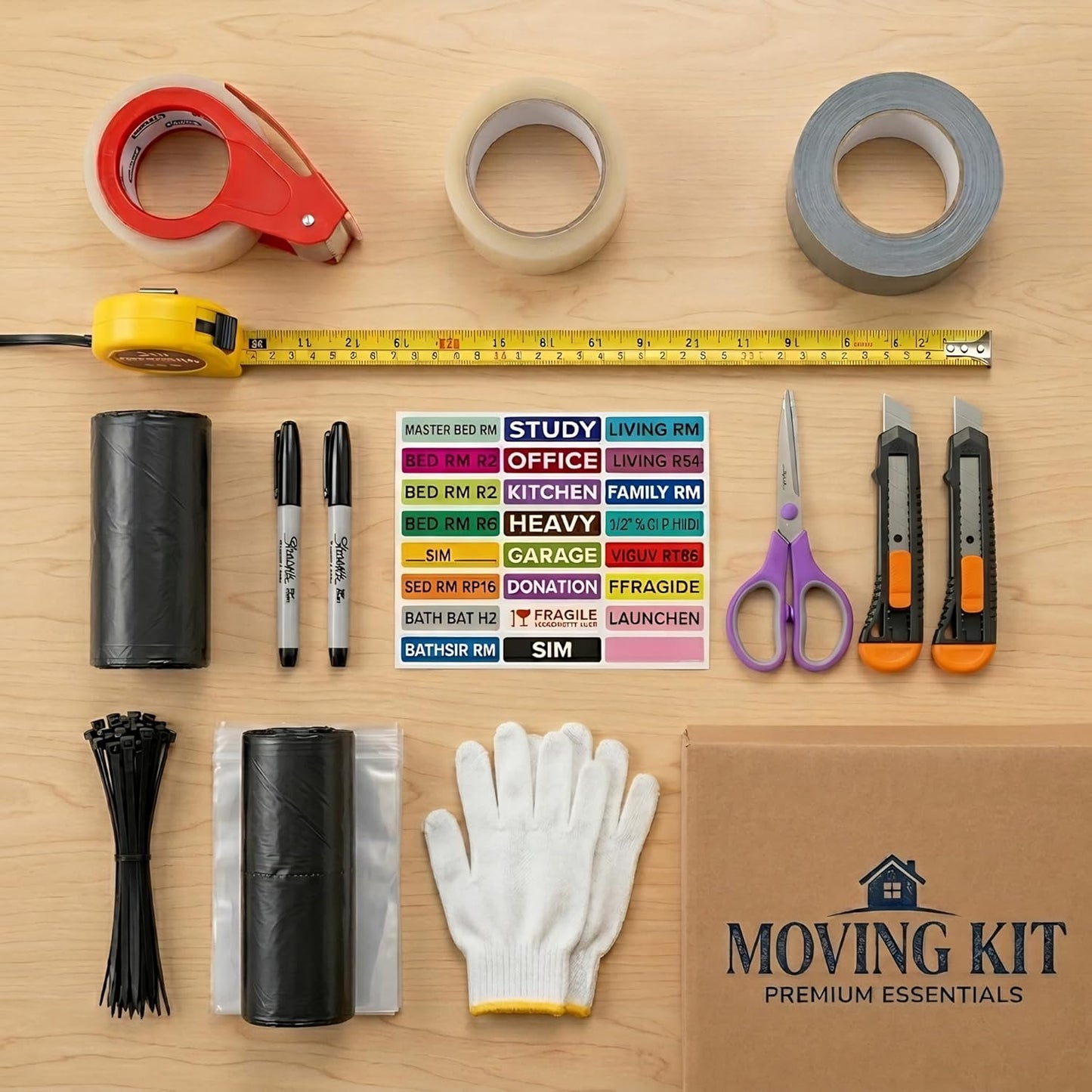 Moving Kit, Packing Supplies Set, Moving Supplies: Tape, Tape Dispenser, Duct Tape, Scissors, Utility Knifes