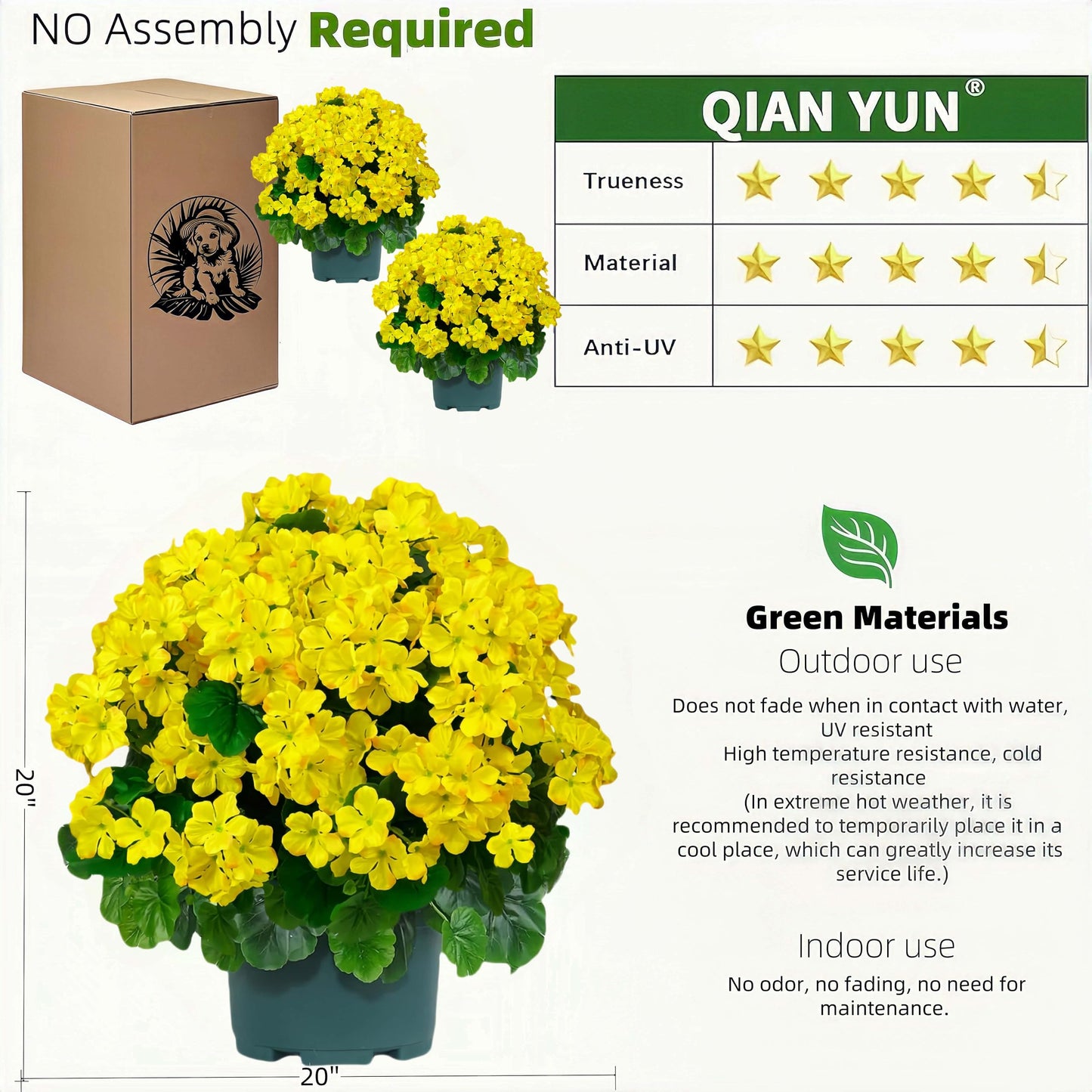 QIANYUN Artificial Geranium Bush – 20 Inch Outdoor Potted Artificial Plant for Front Porch, UV Resistant Faux Flower Bush for Garden, Yard & Patio Decor (2 Pack)