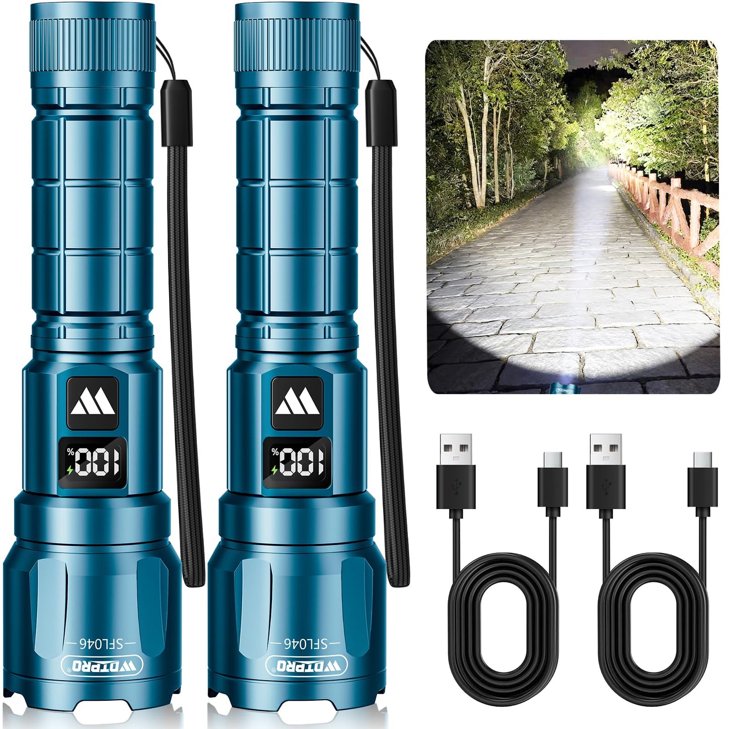 Wdtpro LED Rechargeable Flashlight 2Pack, 3Modes Super Bright High Lumens Flashlights, Zoomable Tactical Flashlight with LCD Display, IP65 Waterproof Flashlights for Home Emergency Camping & Gifts Men