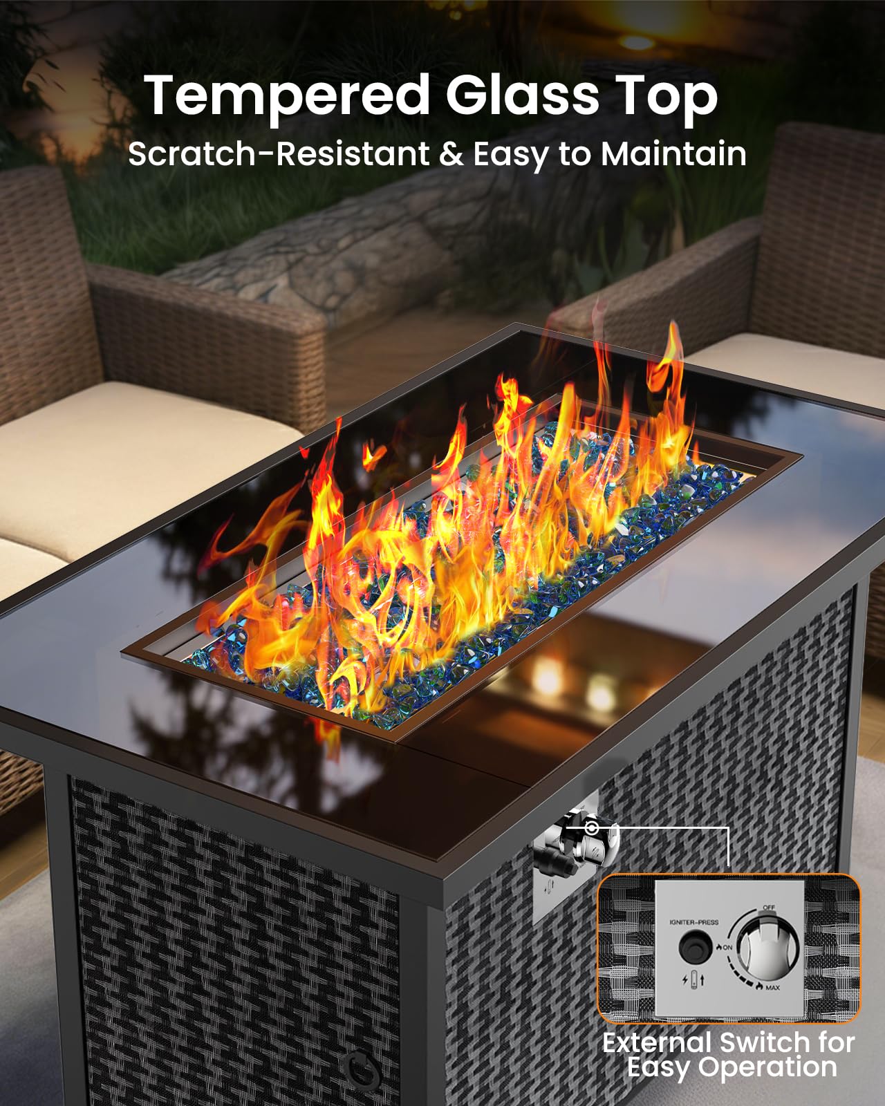 Ciays 43-Inch Rectangular Propane Fire Pit with 60,000 BTU Output, Fire Pit Table Premium Gas for Outside Patio with 304 Stainless Steel H-Burner, Glass Stones, and Wind Guard,Black