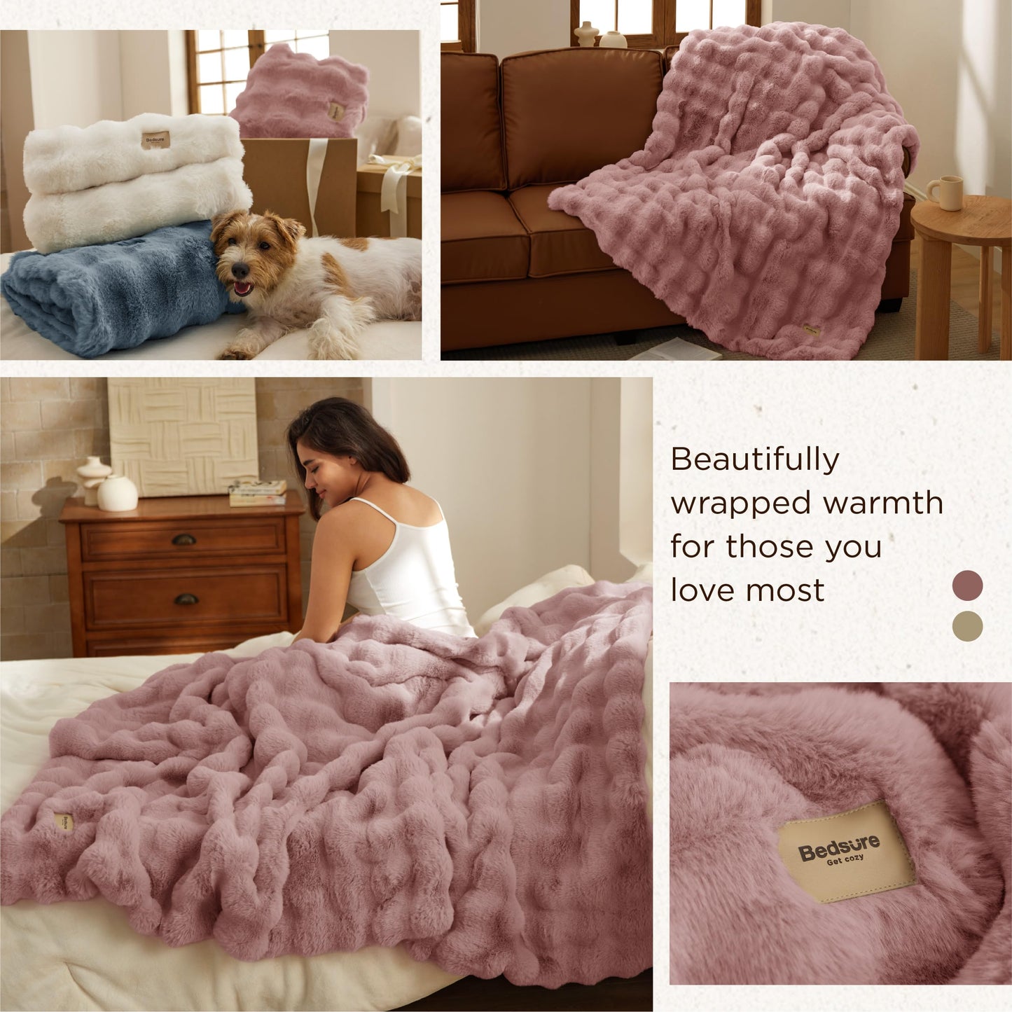 Bedsure GentleSoft Fluffy Fuzzy Tie-dye Taupe Throw Blanket for Bed, Soft Cozy Fleece Faux Fur Blanket for Couch, Taupe Room Decor Minky Velvet Sofa Cover, Women Gifts Thick Warm Plush Winter Bedding