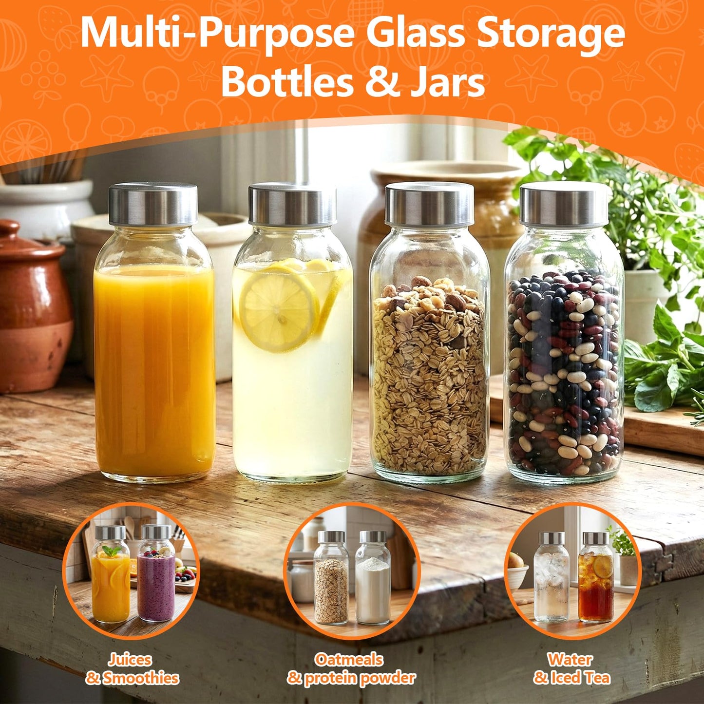 Luxfuel Clear Glass Bottles with Lids 18 oz, Reusable Glass Water Bottles with Stainless Steel Cap for Refrigerator, Juicing, 100% Leak Proof, BPA Free, Juice Bottle Drinking Jar Containers Set of 6
