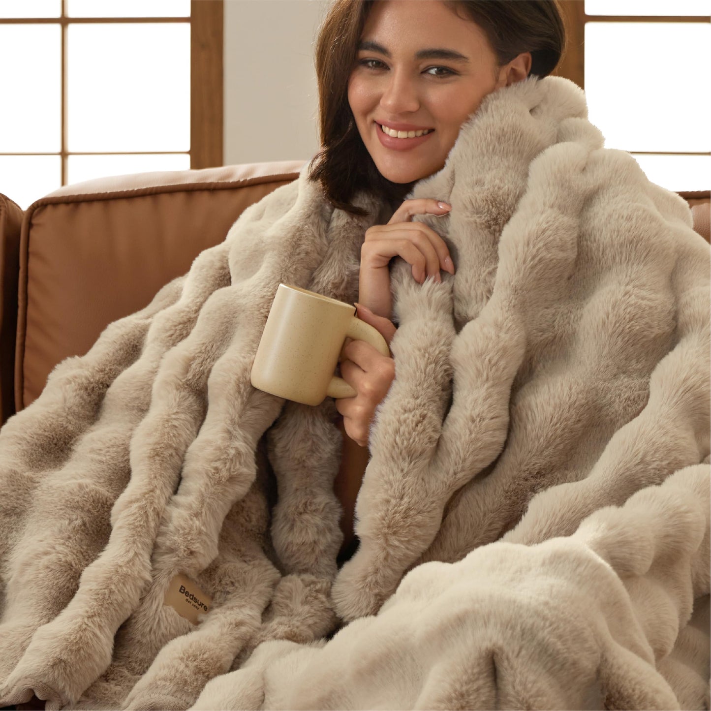 Bedsure GentleSoft Fluffy Fuzzy Tie-dye Taupe Throw Blanket for Bed, Soft Cozy Fleece Faux Fur Blanket for Couch, Taupe Room Decor Minky Velvet Sofa Cover, Women Gifts Thick Warm Plush Winter Bedding