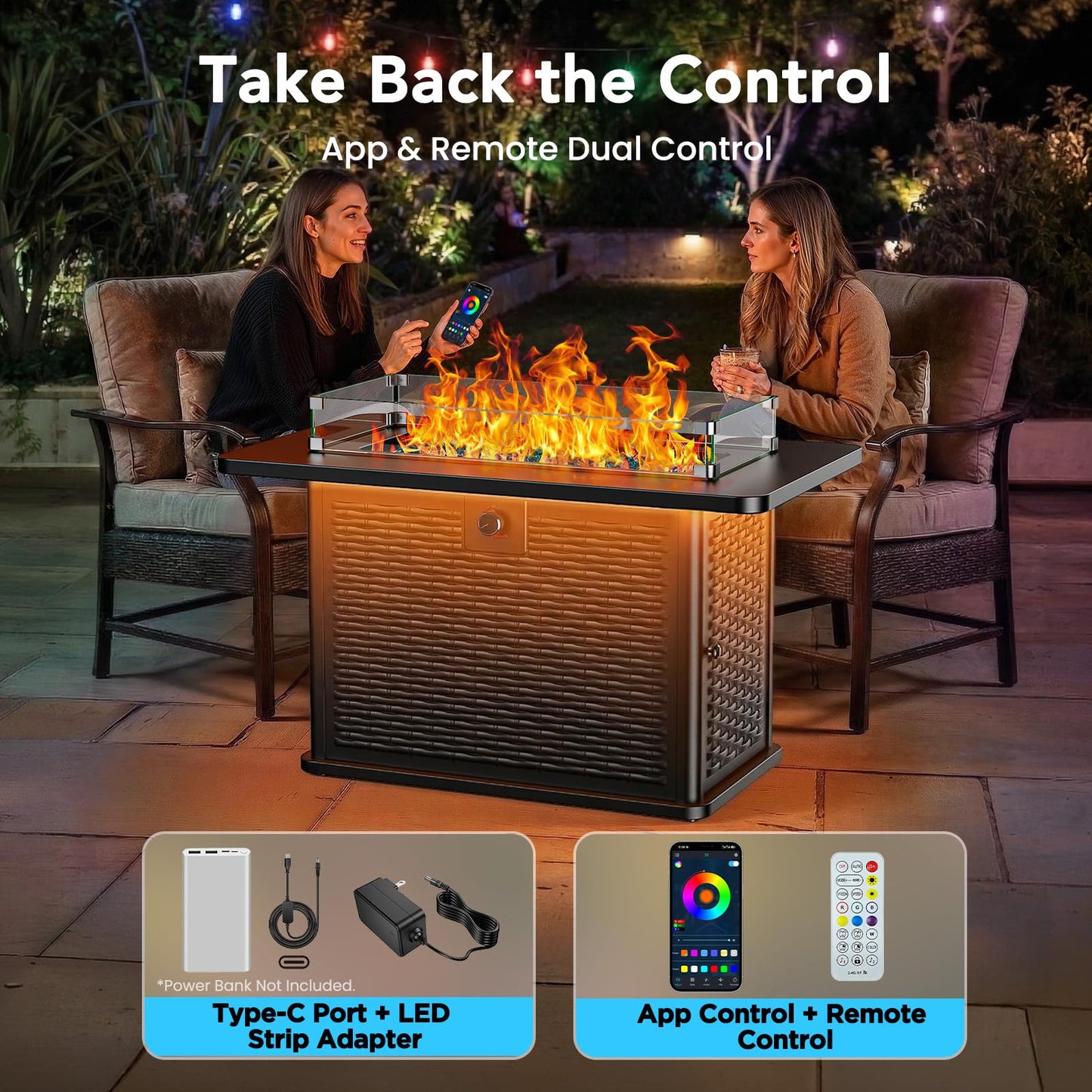 Ciays 43-Inch Rectangular Propane Fire Pit with 60,000 BTU Output, Fire Pit Table Premium Gas for Outside Patio with 304 Stainless Steel H-Burner, Glass Stones, and Wind Guard,Black