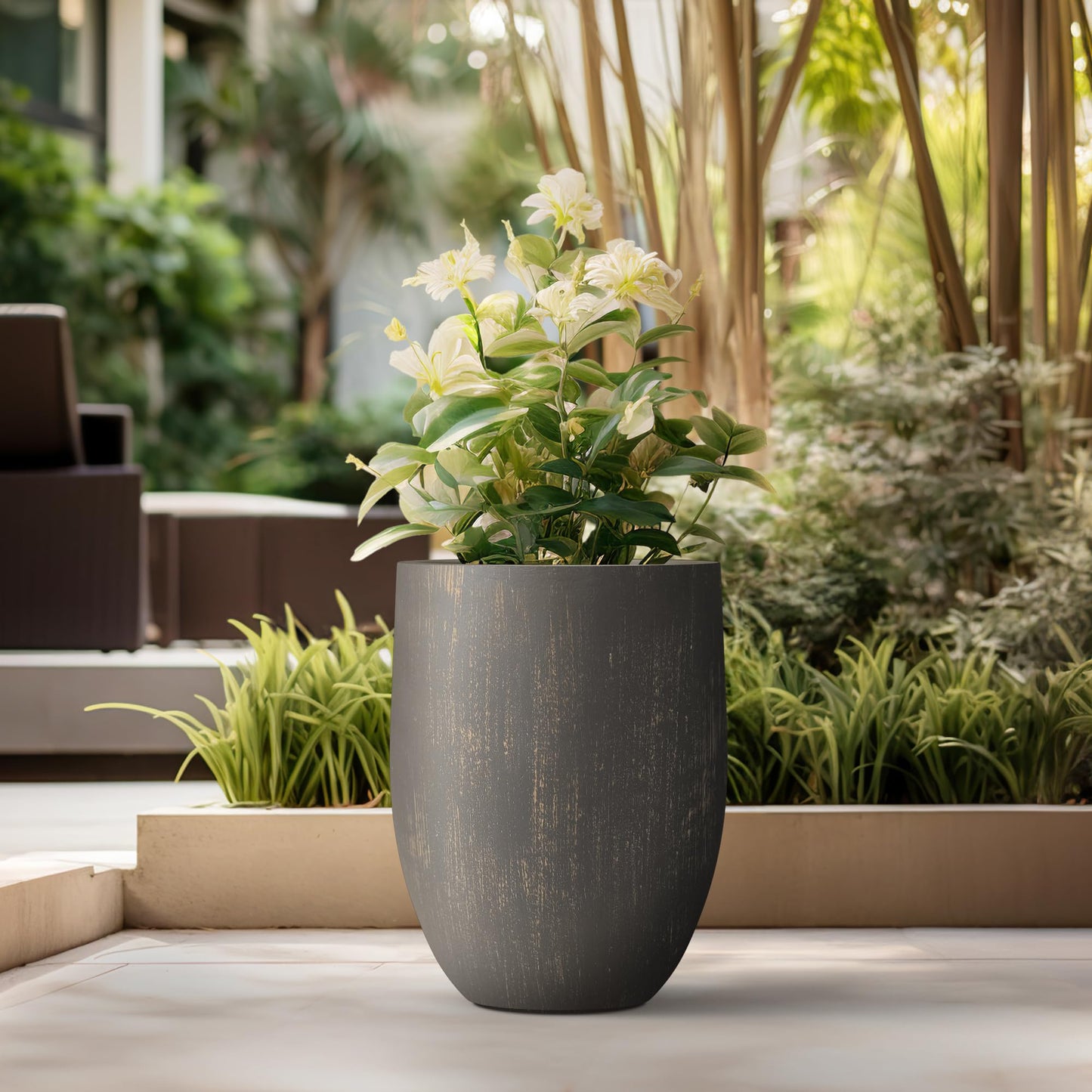 Kante Tall Concrete Planter, 21.7-Inch Height Weathered Concrete Large Indoor Outdoor Plant Pot with Drainage Hole for Patio Garden Home, Modern Decor for Flowers and Tree