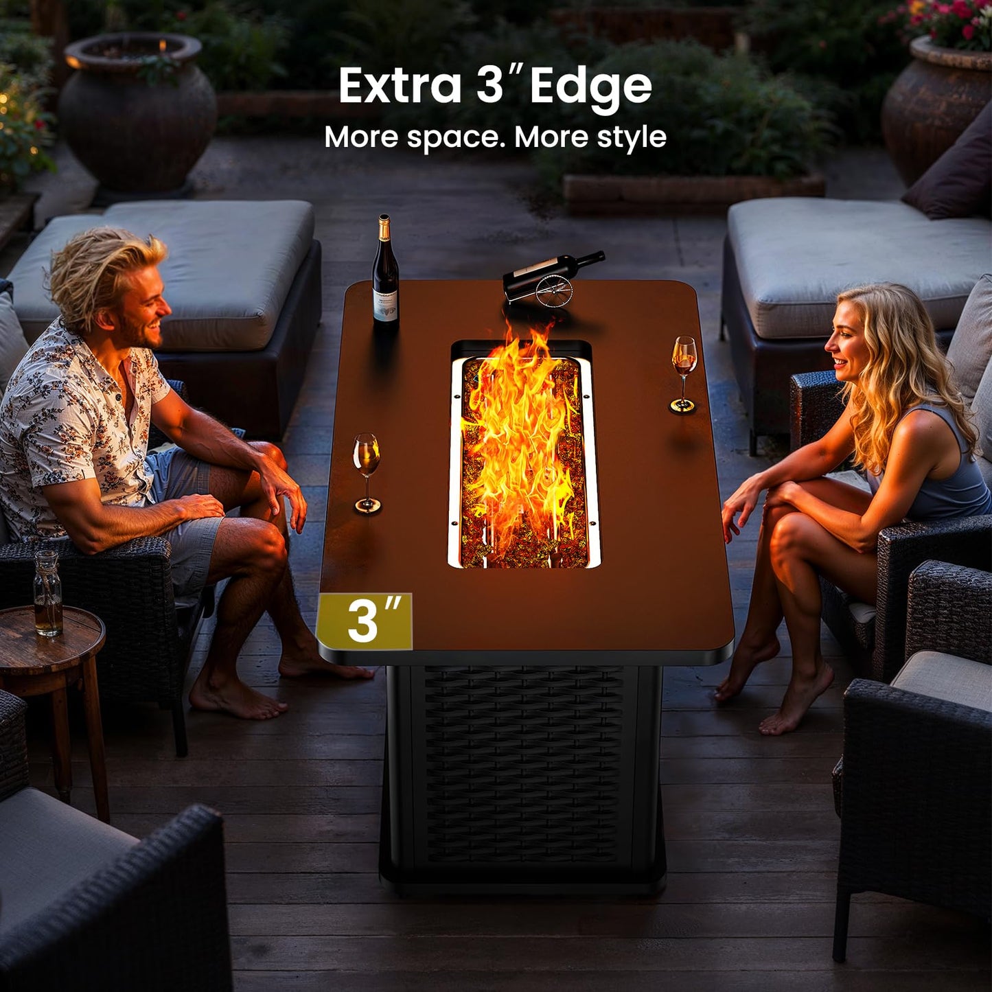 Ciays 43-Inch Rectangular Propane Fire Pit with 60,000 BTU Output, Fire Pit Table Premium Gas for Outside Patio with 304 Stainless Steel H-Burner, Glass Stones, and Wind Guard,Black