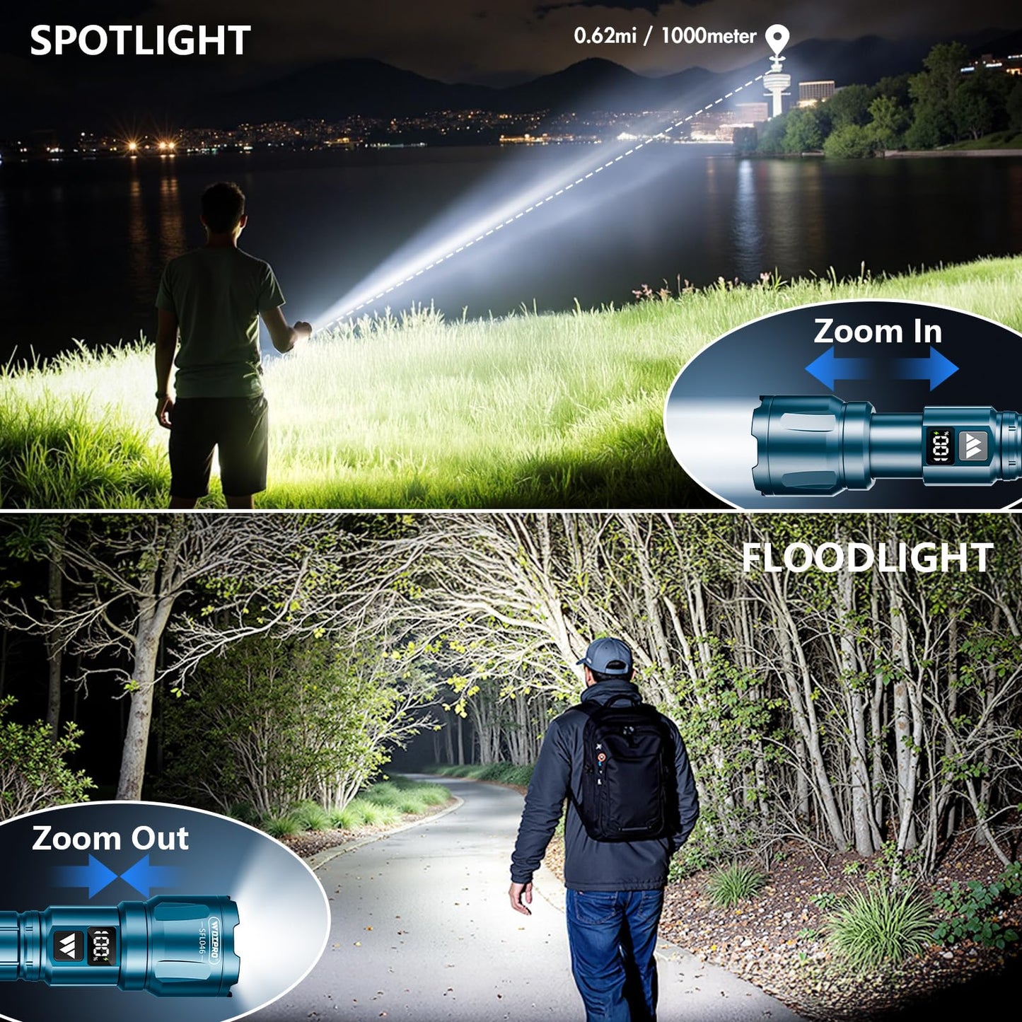 Wdtpro LED Rechargeable Flashlight 2Pack, 3Modes Super Bright High Lumens Flashlights, Zoomable Tactical Flashlight with LCD Display, IP65 Waterproof Flashlights for Home Emergency Camping & Gifts Men