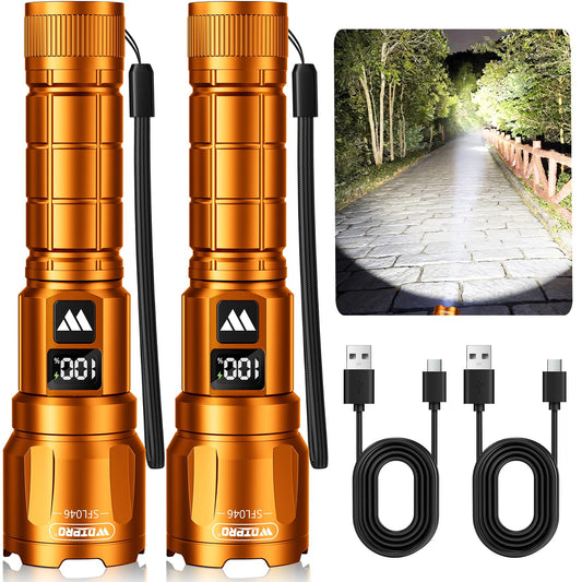 Wdtpro LED Rechargeable Flashlight 2Pack, 3Modes Super Bright High Lumens Flashlights, Zoomable Tactical Flashlight with LCD Display, IP65 Waterproof Flashlights for Home Emergency Camping & Gifts Men