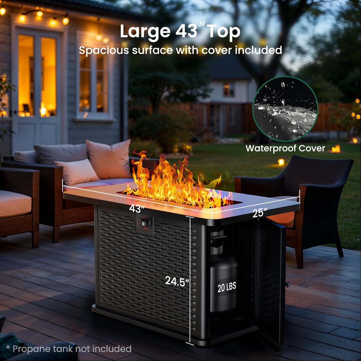 Ciays 43-Inch Rectangular Propane Fire Pit with 60,000 BTU Output, Fire Pit Table Premium Gas for Outside Patio with 304 Stainless Steel H-Burner, Glass Stones, and Wind Guard,Black