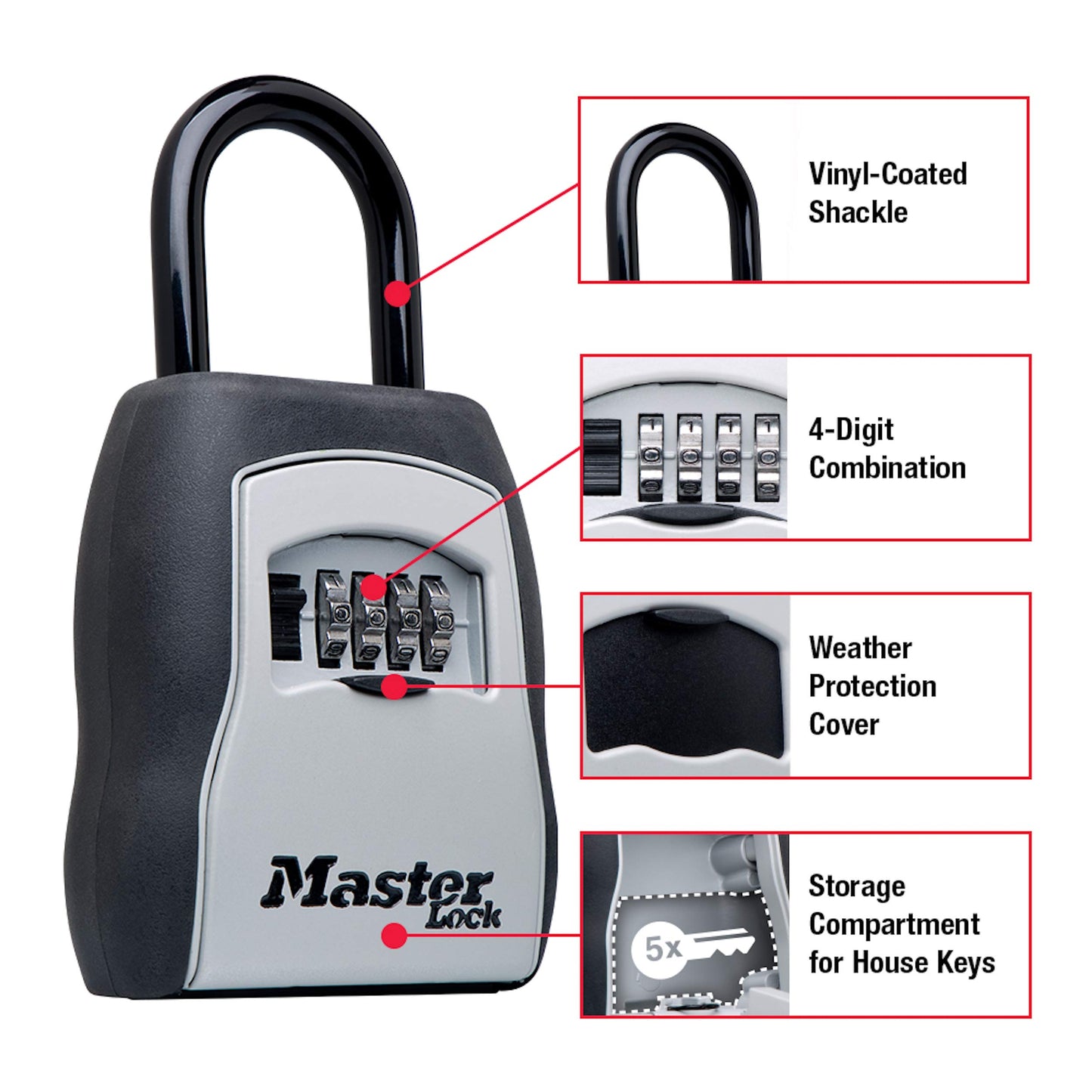 Master Lock Key Lock Box, Outdoor Lock Box for House Keys, Portable Combination Lockbox Resettable Code, 5400EC, Black