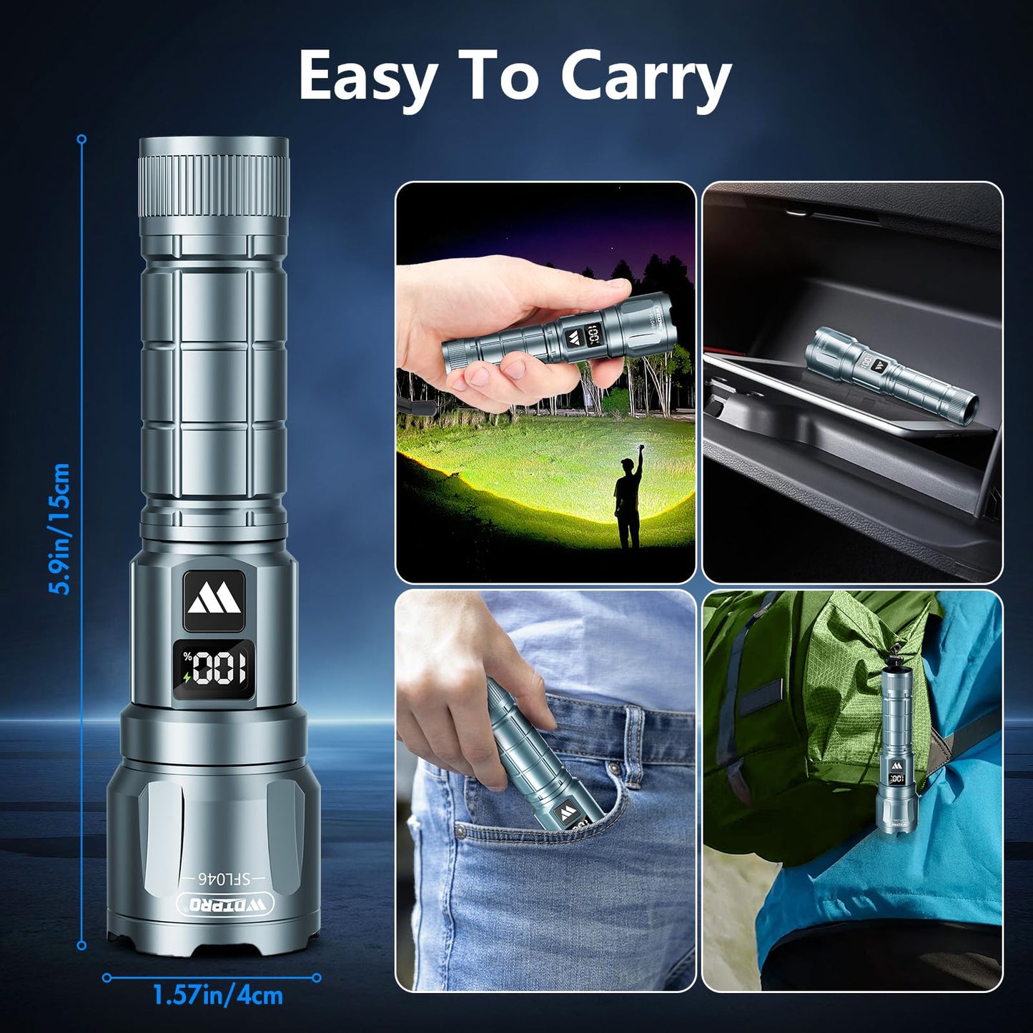 Wdtpro LED Rechargeable Flashlight 2Pack, 3Modes Super Bright High Lumens Flashlights, Zoomable Tactical Flashlight with LCD Display, IP65 Waterproof Flashlights for Home Emergency Camping & Gifts Men
