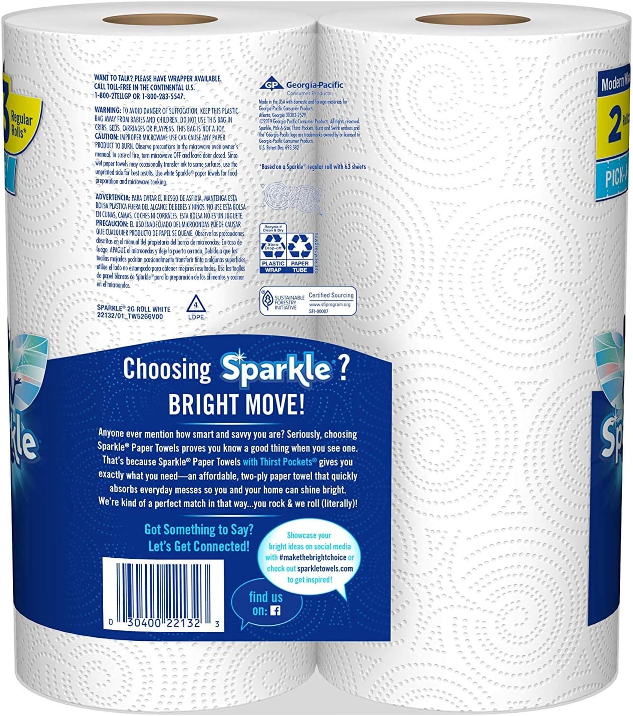 Sparkle Pick-A-Size Paper Towels, 6 Double Rolls (660 Sheets Total) - Strong 2-Ply Towels for Kitchen Cleanup and Everyday Messes