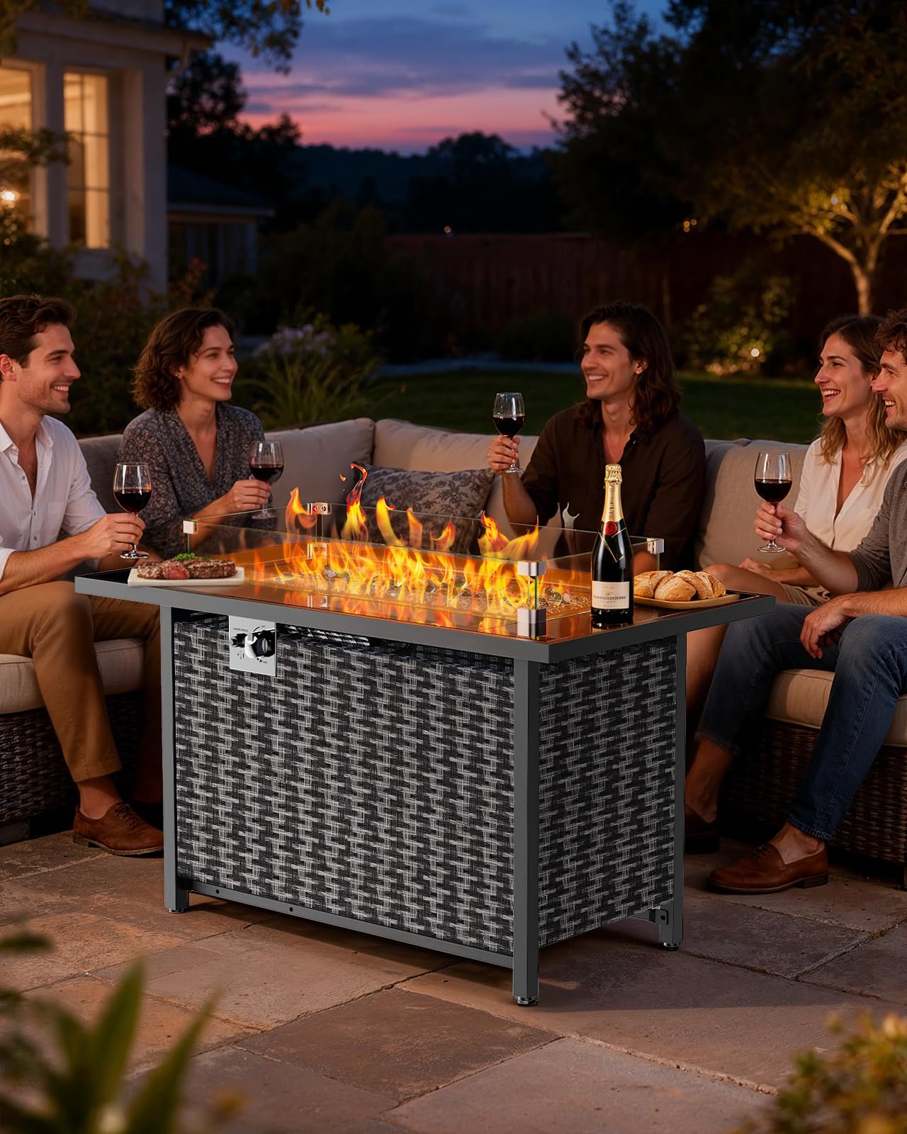 Ciays 43-Inch Rectangular Propane Fire Pit with 60,000 BTU Output, Fire Pit Table Premium Gas for Outside Patio with 304 Stainless Steel H-Burner, Glass Stones, and Wind Guard,Black