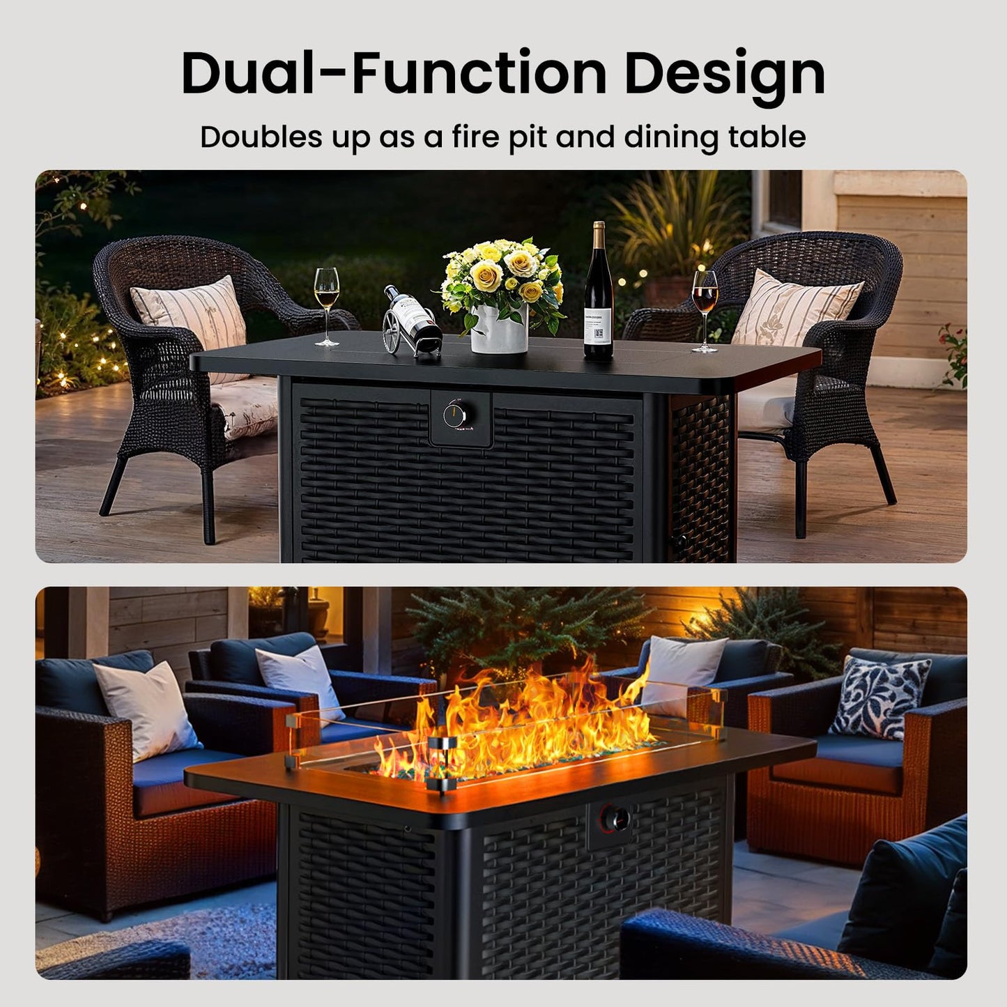 Ciays 43-Inch Rectangular Propane Fire Pit with 60,000 BTU Output, Fire Pit Table Premium Gas for Outside Patio with 304 Stainless Steel H-Burner, Glass Stones, and Wind Guard,Black