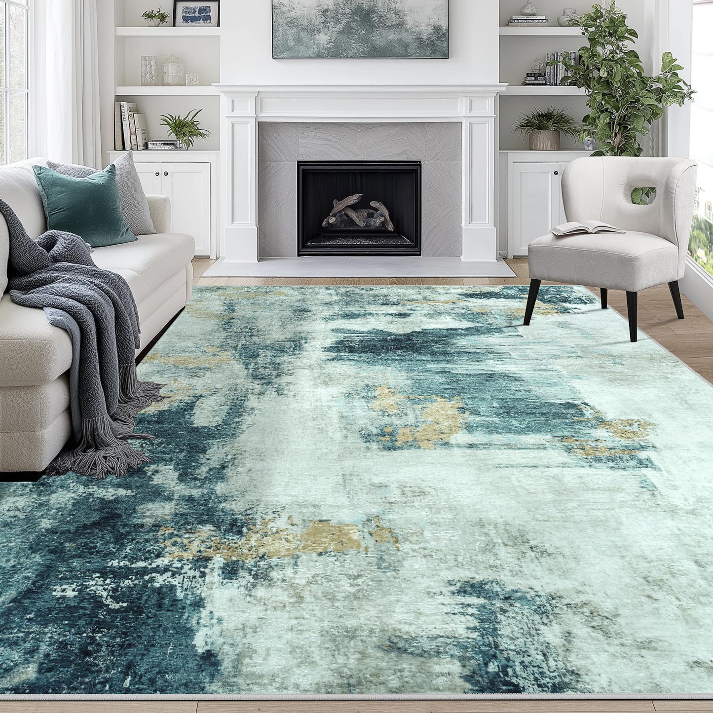 9x12 Area Rugs for Living Room Washable: Abstract Large Rug for Dining Room Bedroom Carpet Non Slip 9 by 12 Indoor Modern Nursery Home Office Blue Grey