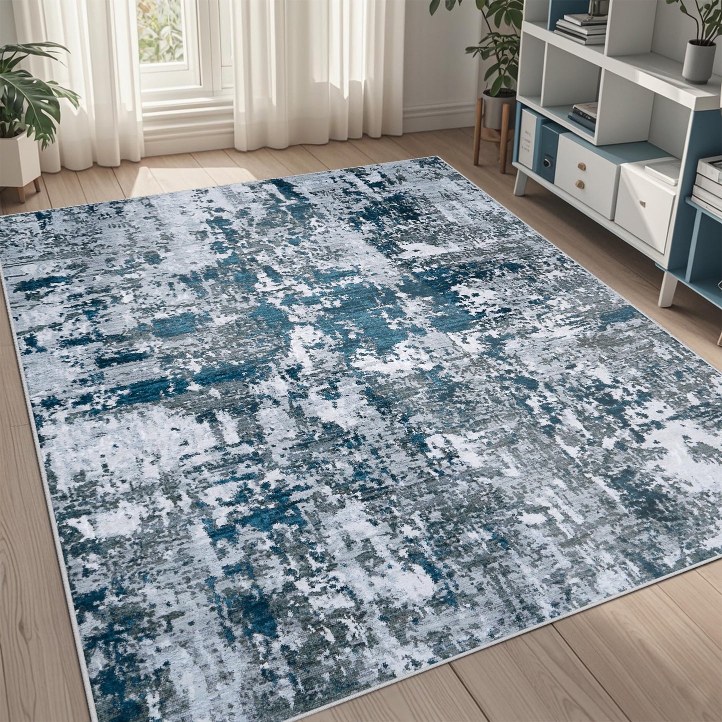 9x12 Area Rugs for Living Room Washable: Abstract Large Rug for Dining Room Bedroom Carpet Non Slip 9 by 12 Indoor Modern Nursery Home Office Blue Grey