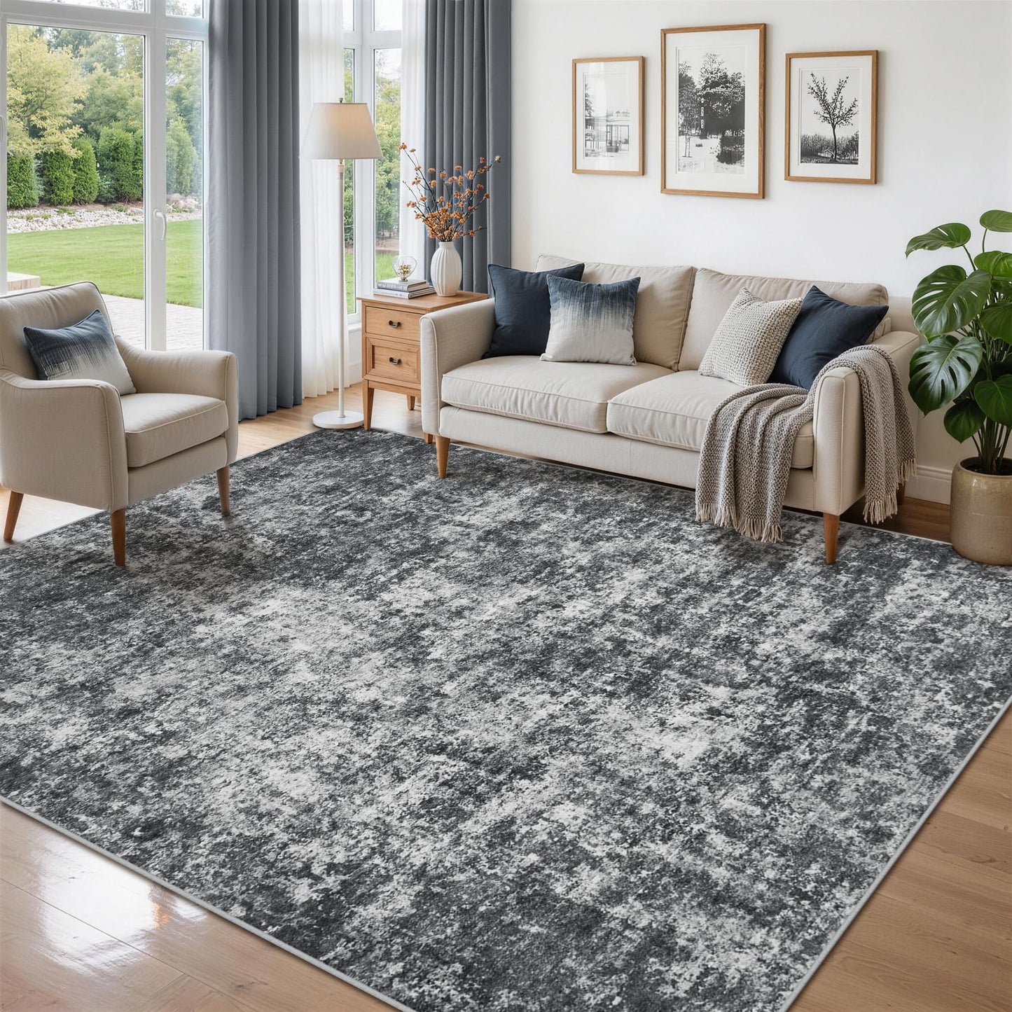 9x12 Area Rugs for Living Room Washable: Abstract Large Rug for Dining Room Bedroom Carpet Non Slip 9 by 12 Indoor Modern Nursery Home Office Blue Grey