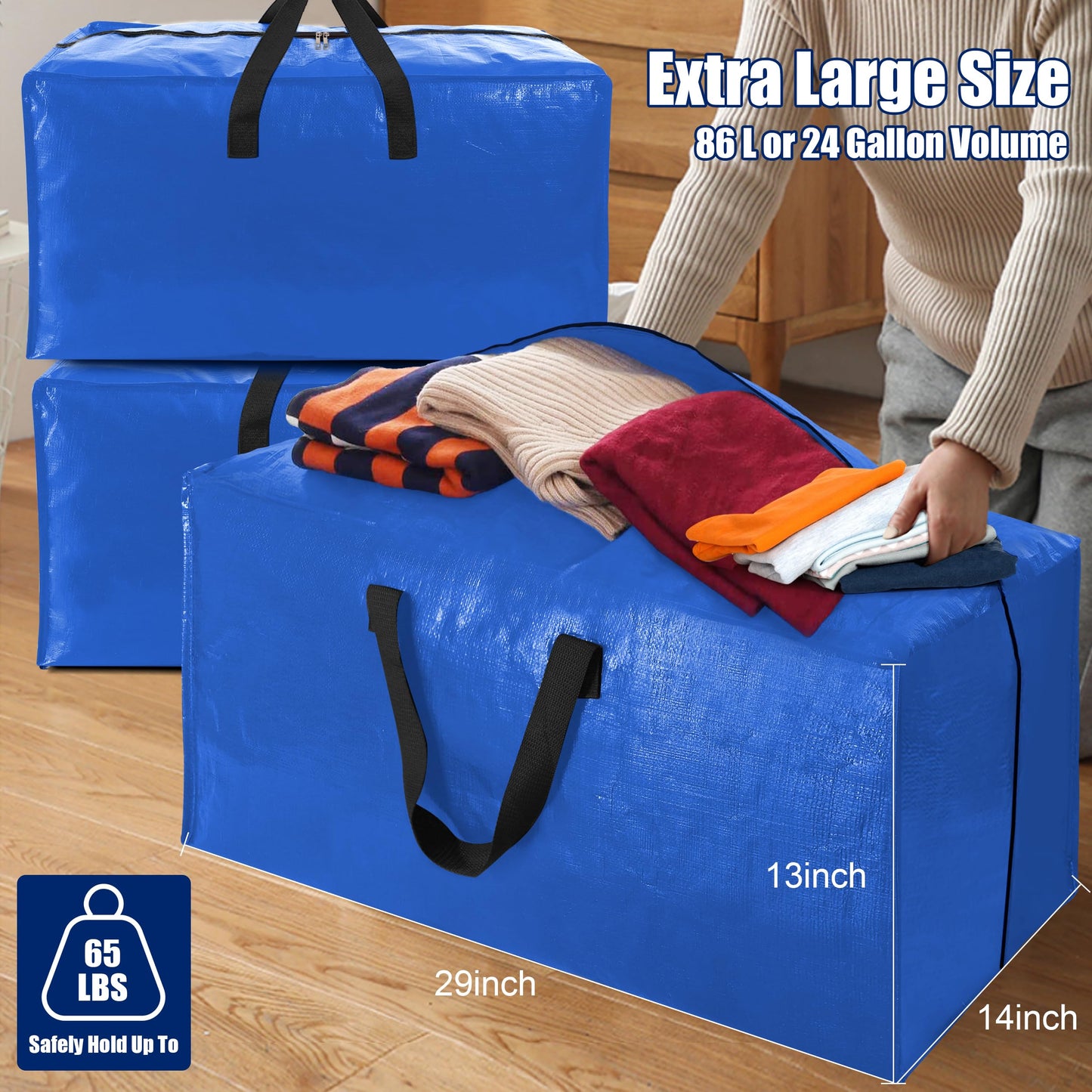 Cosy Family 8 Pack Heavy Duty Extra Large Moving Bags with Backpack Straps - Strong Handles & Zippers, Storage Totes For Space Saving, Fold Flat, Alternative to Moving Box (Set of 8, Blue)
