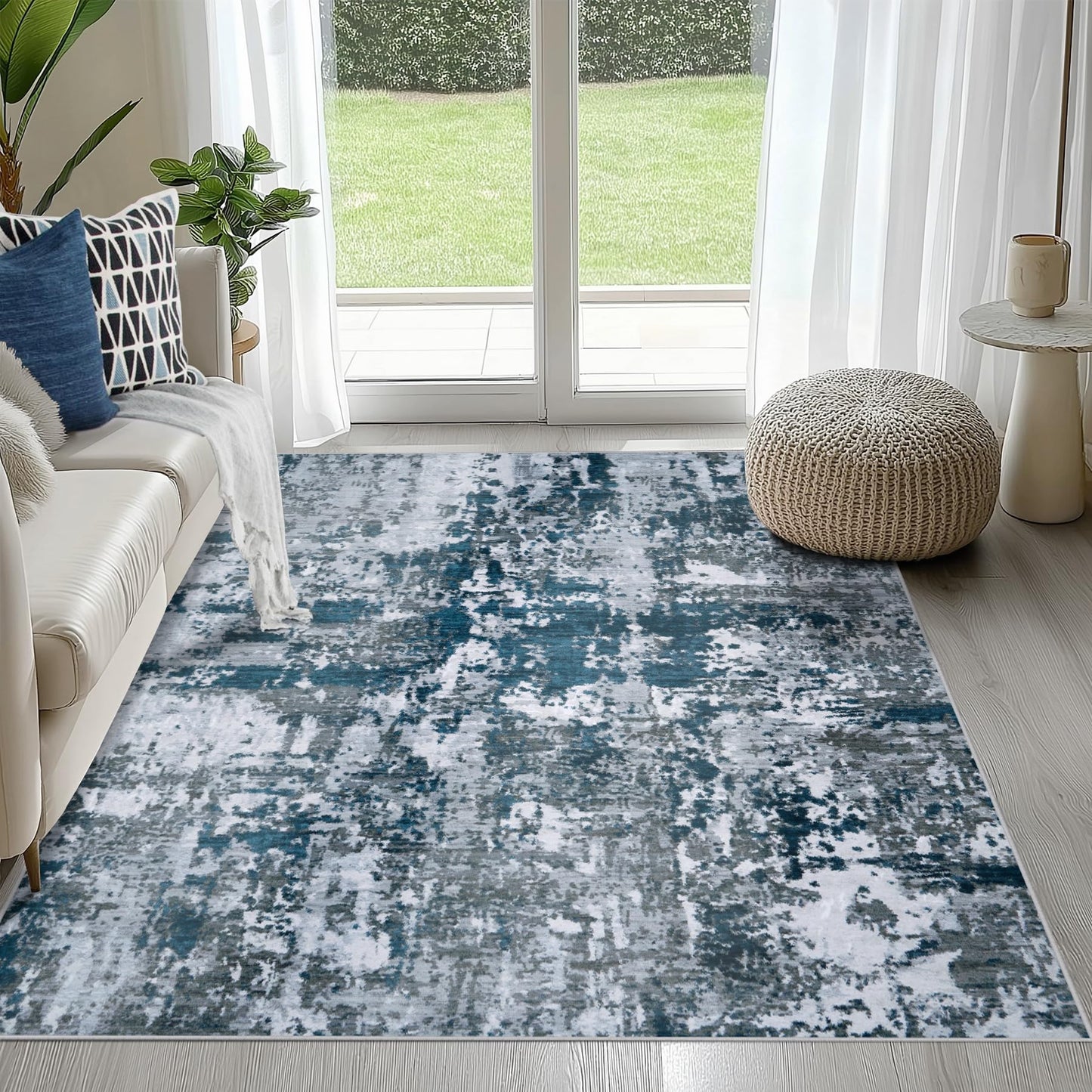 9x12 Area Rugs for Living Room Washable: Abstract Large Rug for Dining Room Bedroom Carpet Non Slip 9 by 12 Indoor Modern Nursery Home Office Blue Grey