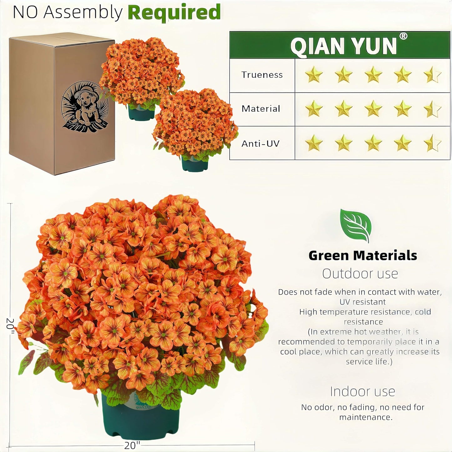 QIANYUN Artificial Geranium Bush – 20 Inch Outdoor Potted Artificial Plant for Front Porch, UV Resistant Faux Flower Bush for Garden, Yard & Patio Decor (2 Pack)