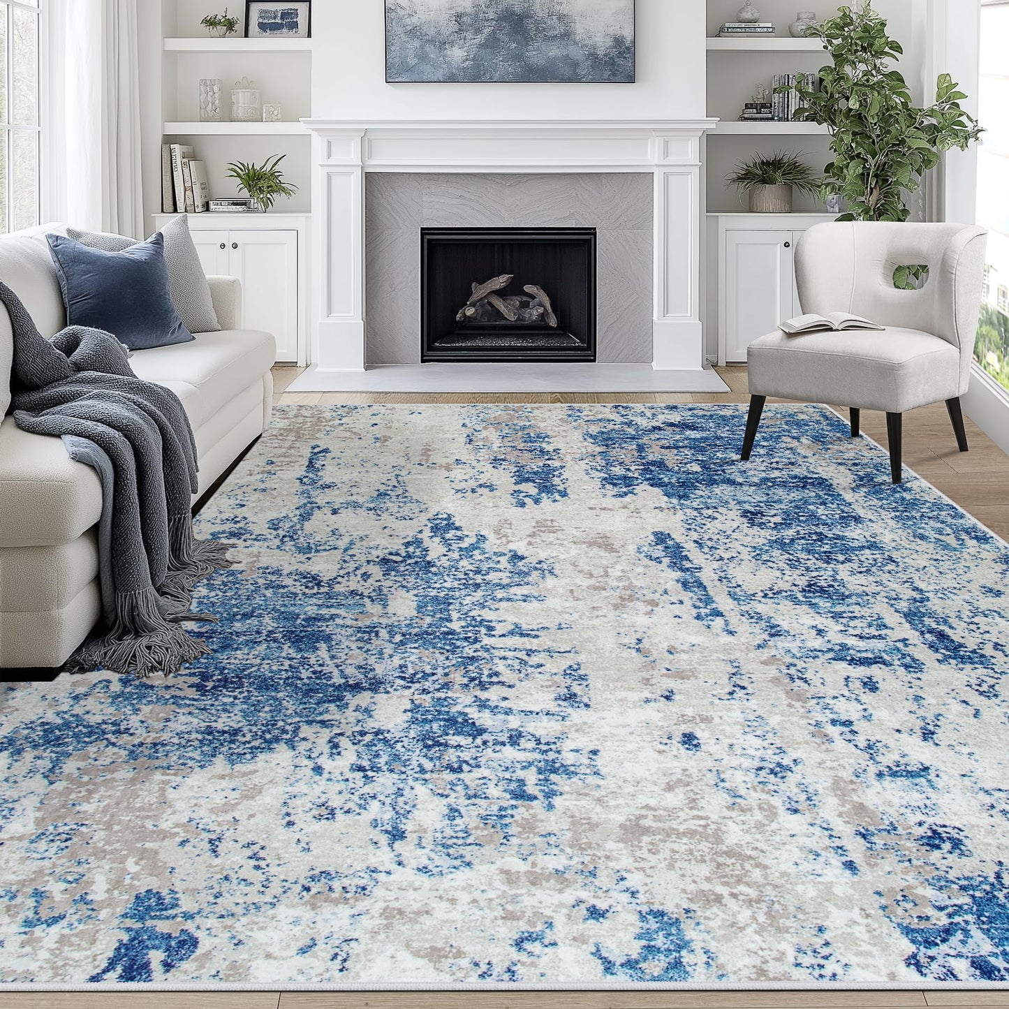 9x12 Area Rugs for Living Room Washable: Abstract Large Rug for Dining Room Bedroom Carpet Non Slip 9 by 12 Indoor Modern Nursery Home Office Blue Grey