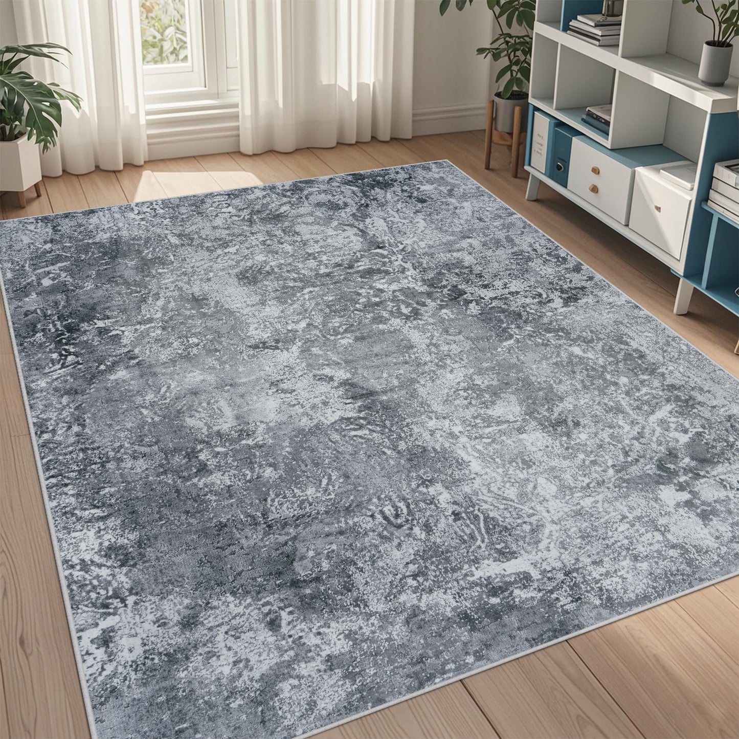 9x12 Area Rugs for Living Room Washable: Abstract Large Rug for Dining Room Bedroom Carpet Non Slip 9 by 12 Indoor Modern Nursery Home Office Blue Grey