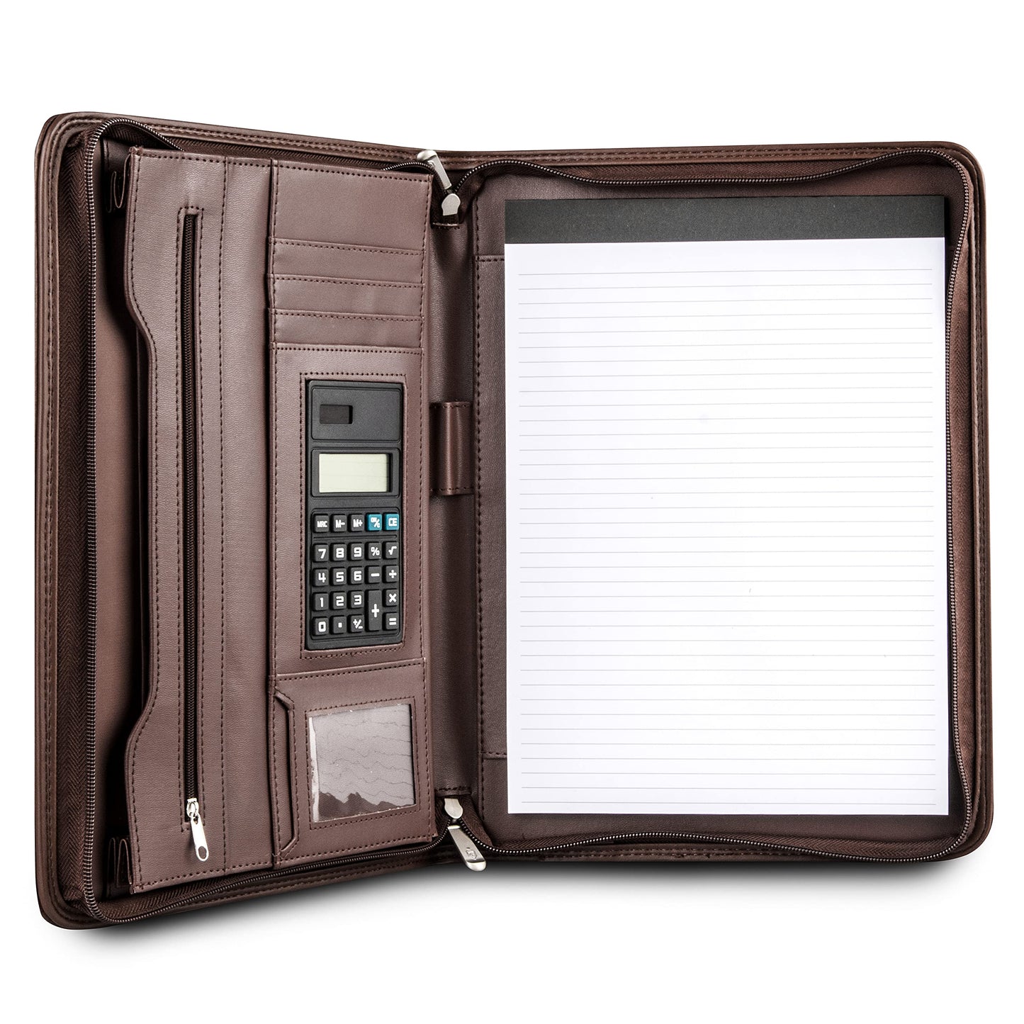 Cossini Black Superior Vegan Leather Business Portfolio with Zipper – Padfolio All-in-One. Smartest Protective 10.1 Inch Tablet Sleeve, Presentation Slot, Solar Calculator, Card Storage, Writing Pad