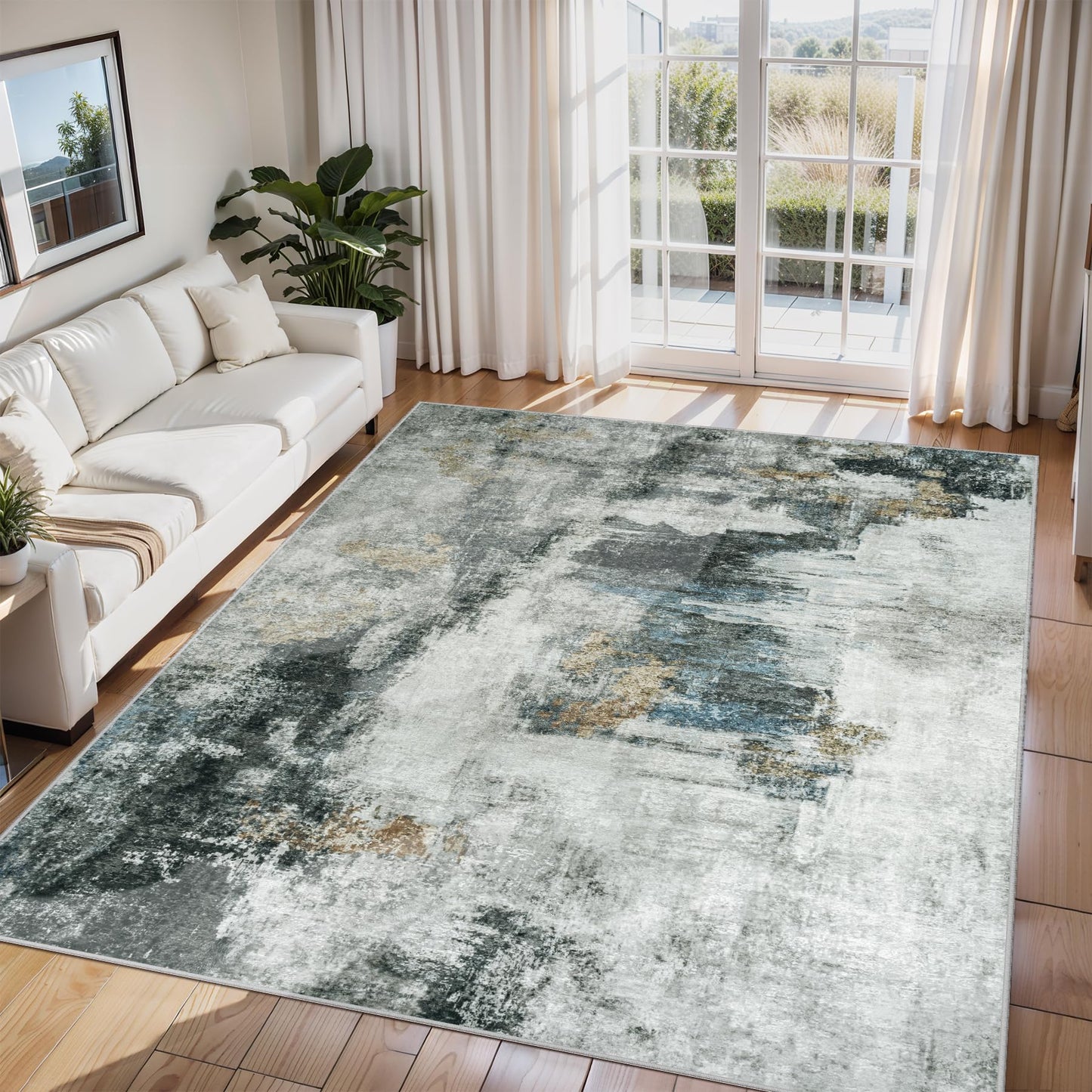 9x12 Area Rugs for Living Room Washable: Abstract Large Rug for Dining Room Bedroom Carpet Non Slip 9 by 12 Indoor Modern Nursery Home Office Blue Grey