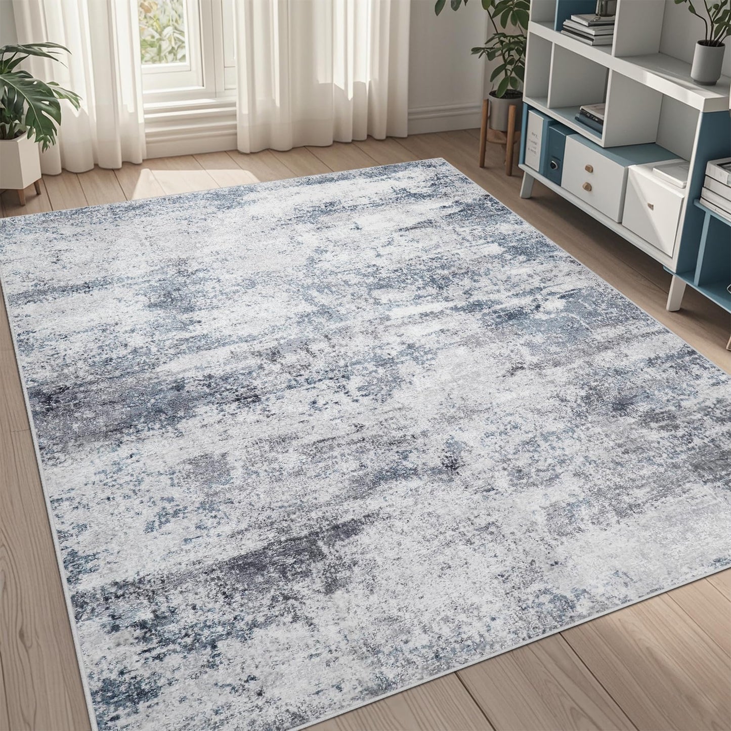 9x12 Area Rugs for Living Room Washable: Abstract Large Rug for Dining Room Bedroom Carpet Non Slip 9 by 12 Indoor Modern Nursery Home Office Blue Grey