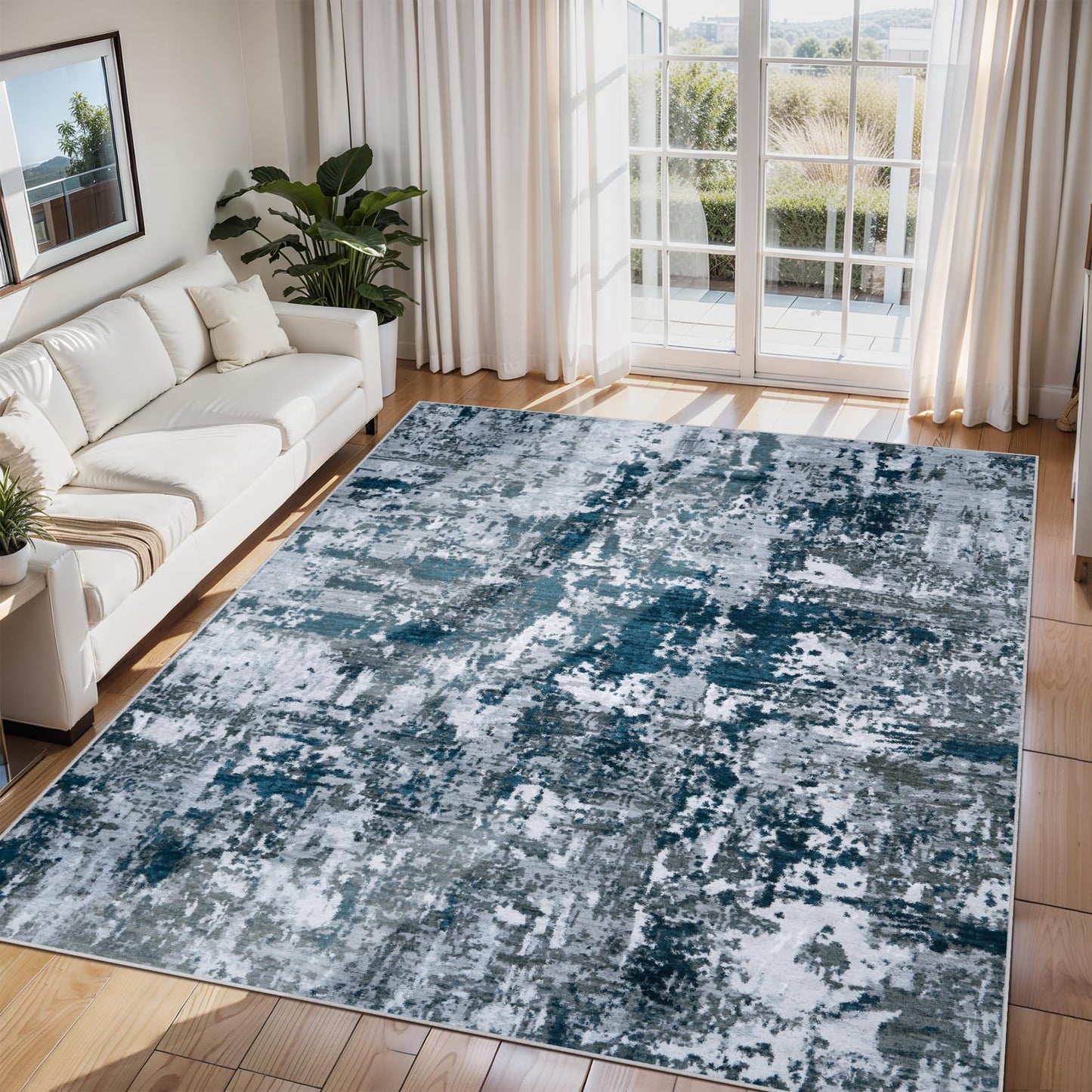 9x12 Area Rugs for Living Room Washable: Abstract Large Rug for Dining Room Bedroom Carpet Non Slip 9 by 12 Indoor Modern Nursery Home Office Blue Grey