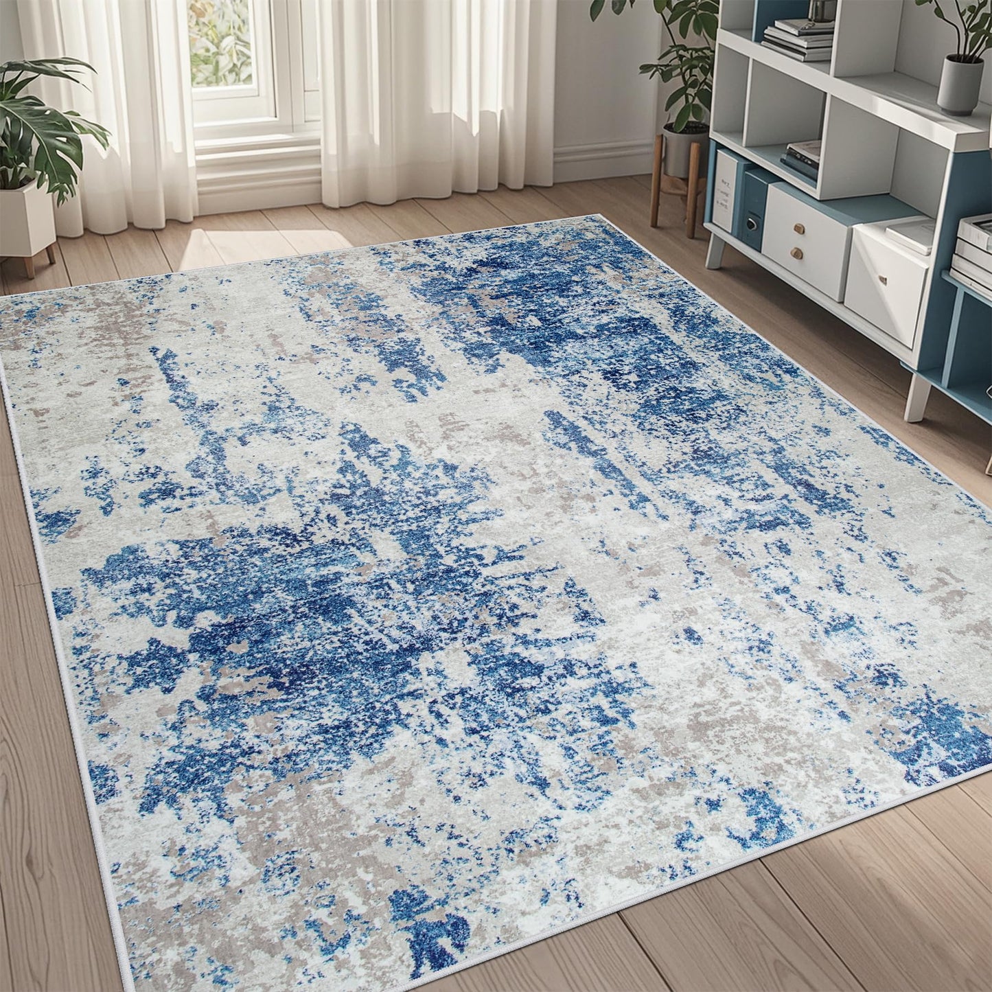 9x12 Area Rugs for Living Room Washable: Abstract Large Rug for Dining Room Bedroom Carpet Non Slip 9 by 12 Indoor Modern Nursery Home Office Blue Grey