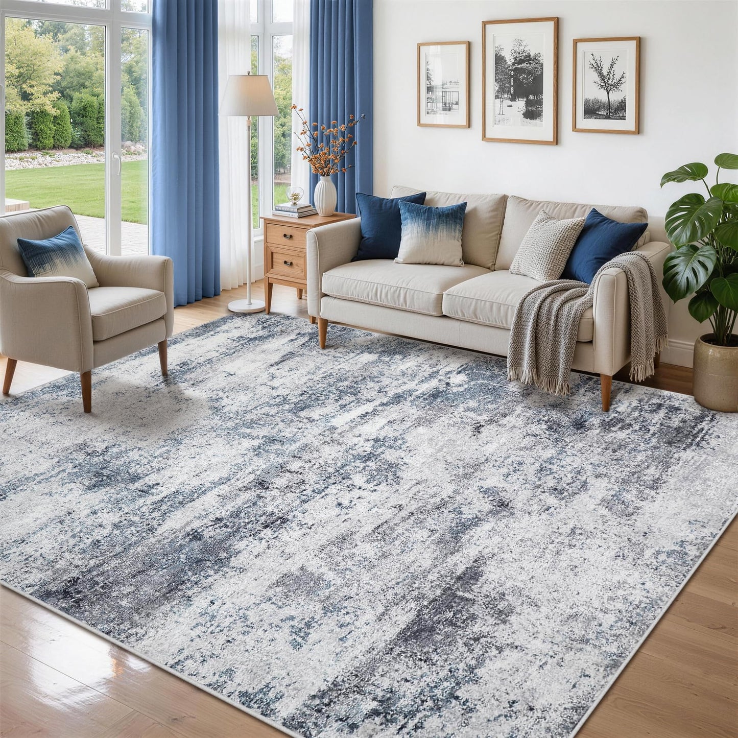 9x12 Area Rugs for Living Room Washable: Abstract Large Rug for Dining Room Bedroom Carpet Non Slip 9 by 12 Indoor Modern Nursery Home Office Blue Grey