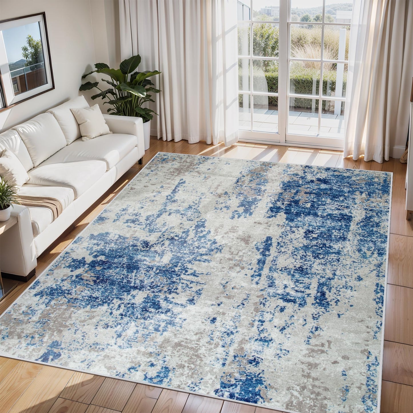 9x12 Area Rugs for Living Room Washable: Abstract Large Rug for Dining Room Bedroom Carpet Non Slip 9 by 12 Indoor Modern Nursery Home Office Blue Grey