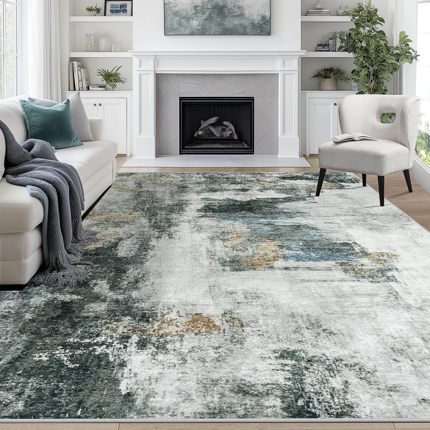 9x12 Area Rugs for Living Room Washable: Abstract Large Rug for Dining Room Bedroom Carpet Non Slip 9 by 12 Indoor Modern Nursery Home Office Blue Grey