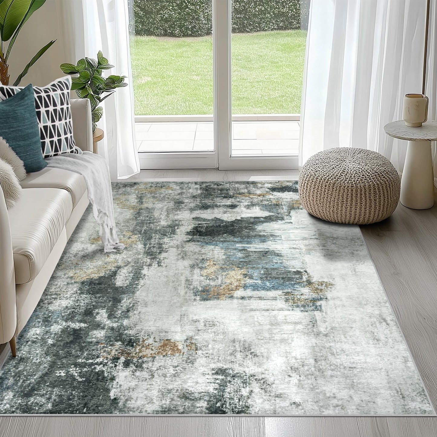 9x12 Area Rugs for Living Room Washable: Abstract Large Rug for Dining Room Bedroom Carpet Non Slip 9 by 12 Indoor Modern Nursery Home Office Blue Grey