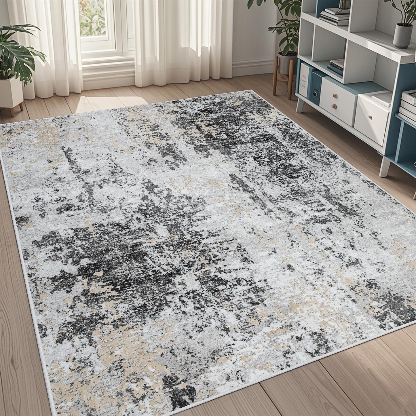 9x12 Area Rugs for Living Room Washable: Abstract Large Rug for Dining Room Bedroom Carpet Non Slip 9 by 12 Indoor Modern Nursery Home Office Blue Grey