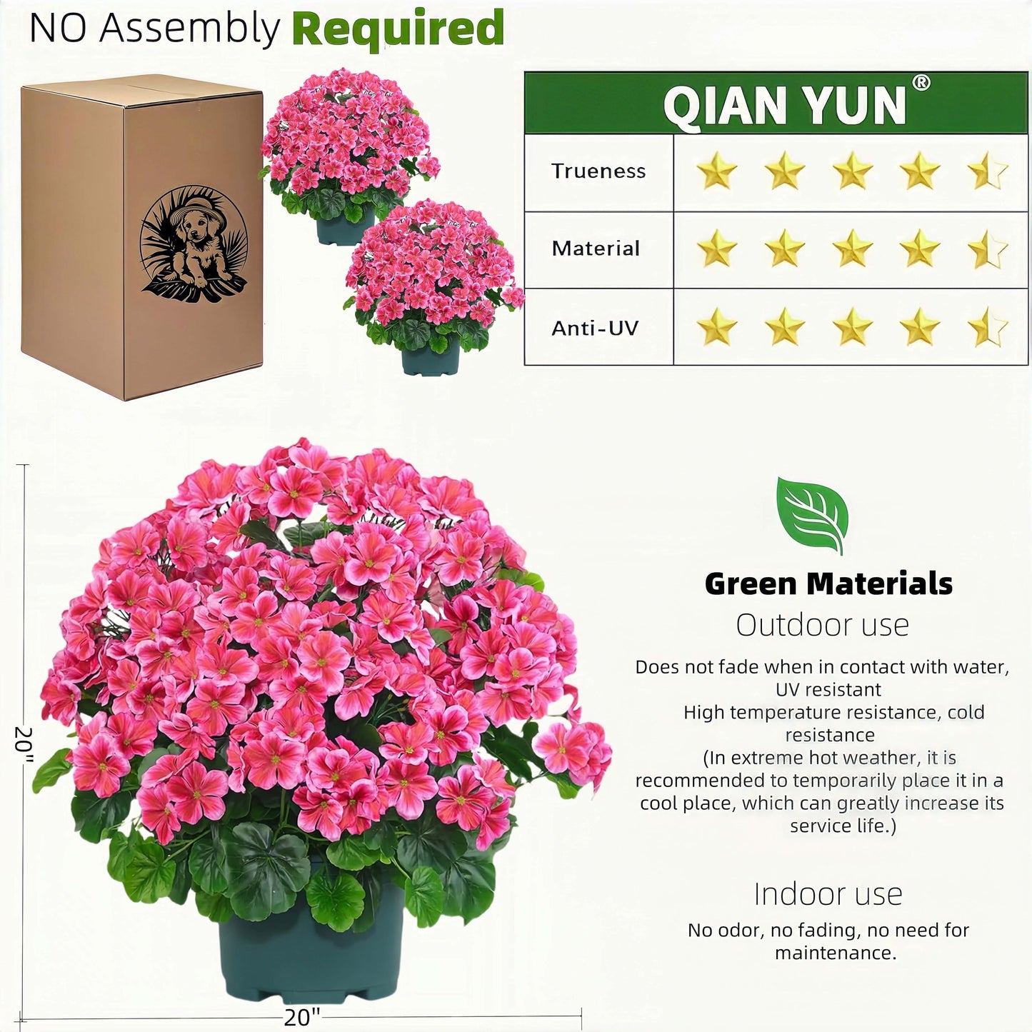 QIANYUN Artificial Geranium Bush – 20 Inch Outdoor Potted Artificial Plant for Front Porch, UV Resistant Faux Flower Bush for Garden, Yard & Patio Decor (2 Pack)