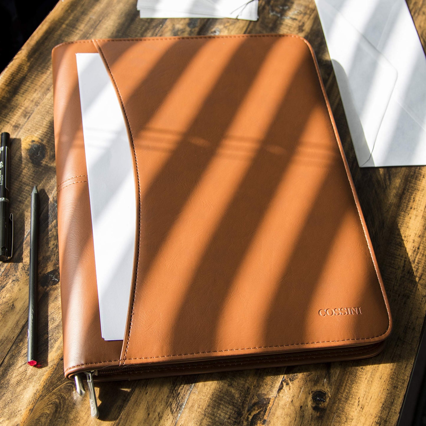 Cossini Black Superior Vegan Leather Business Portfolio with Zipper – Padfolio All-in-One. Smartest Protective 10.1 Inch Tablet Sleeve, Presentation Slot, Solar Calculator, Card Storage, Writing Pad