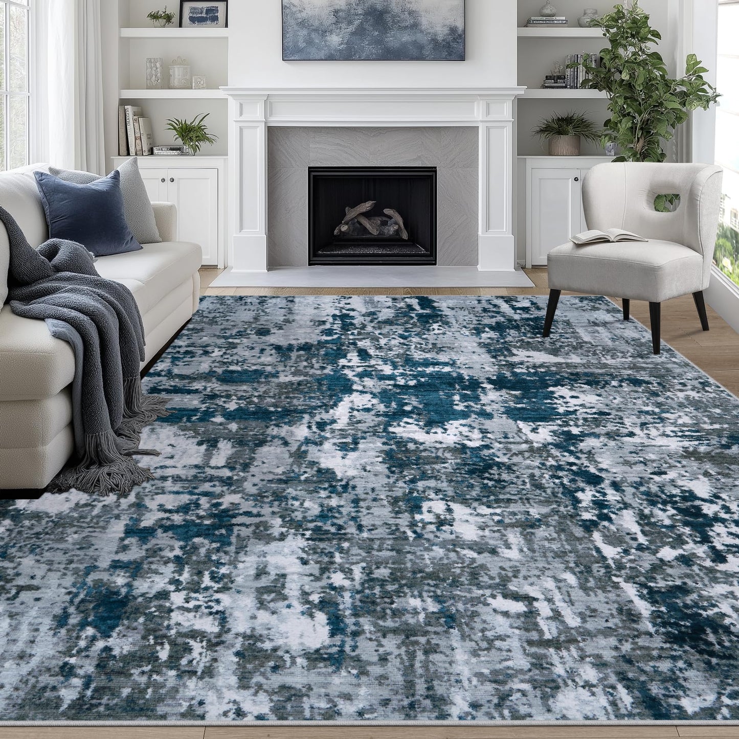 9x12 Area Rugs for Living Room Washable: Abstract Large Rug for Dining Room Bedroom Carpet Non Slip 9 by 12 Indoor Modern Nursery Home Office Blue Grey