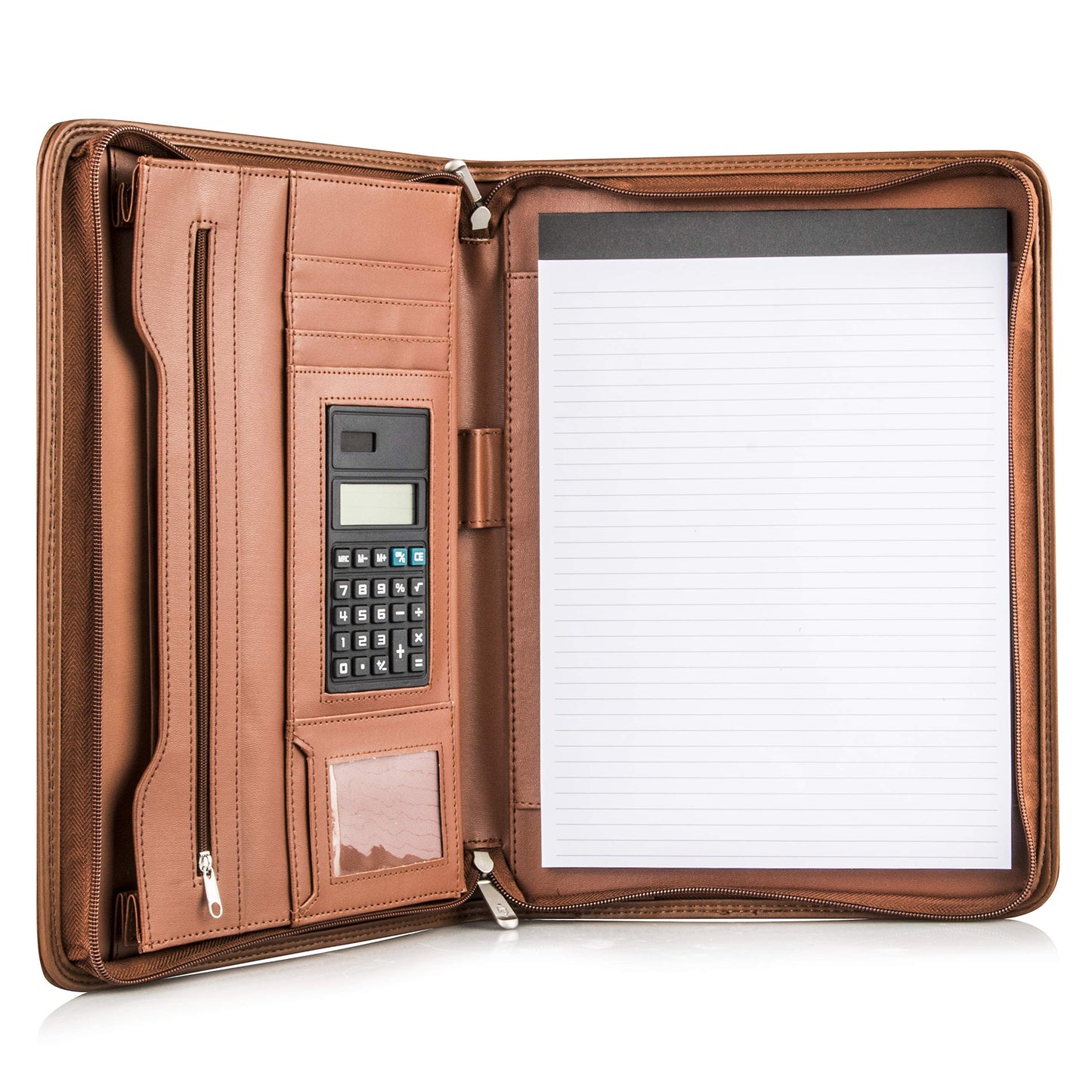 Cossini Black Superior Vegan Leather Business Portfolio with Zipper – Padfolio All-in-One. Smartest Protective 10.1 Inch Tablet Sleeve, Presentation Slot, Solar Calculator, Card Storage, Writing Pad