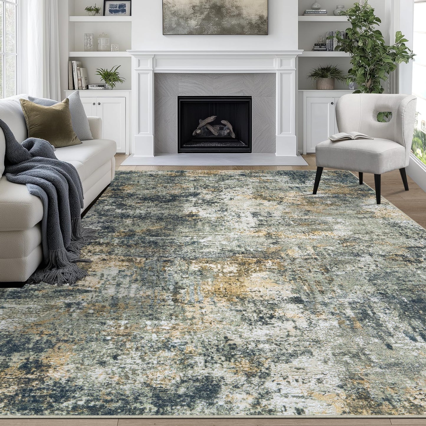 9x12 Area Rugs for Living Room Washable: Abstract Large Rug for Dining Room Bedroom Carpet Non Slip 9 by 12 Indoor Modern Nursery Home Office Blue Grey