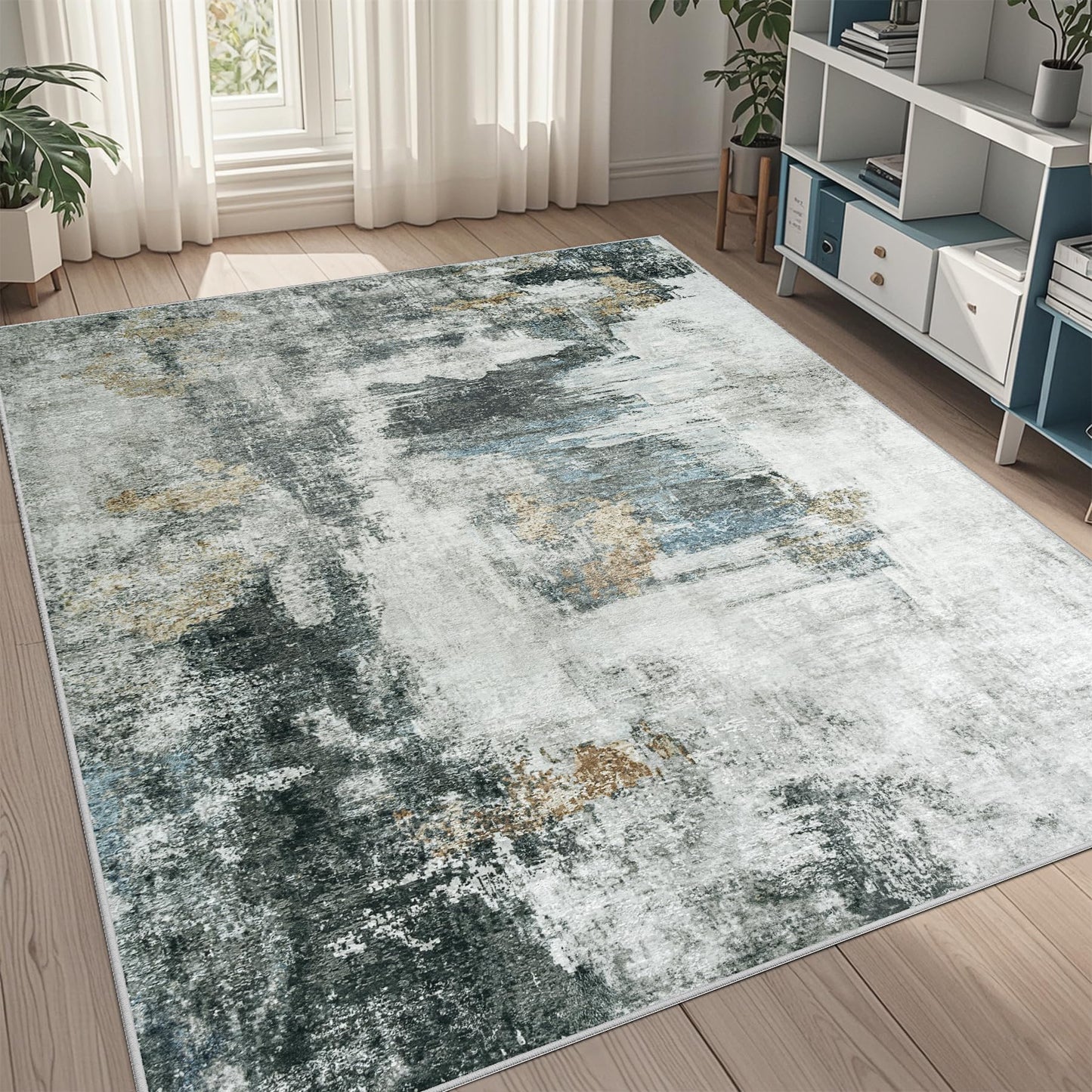 9x12 Area Rugs for Living Room Washable: Abstract Large Rug for Dining Room Bedroom Carpet Non Slip 9 by 12 Indoor Modern Nursery Home Office Blue Grey