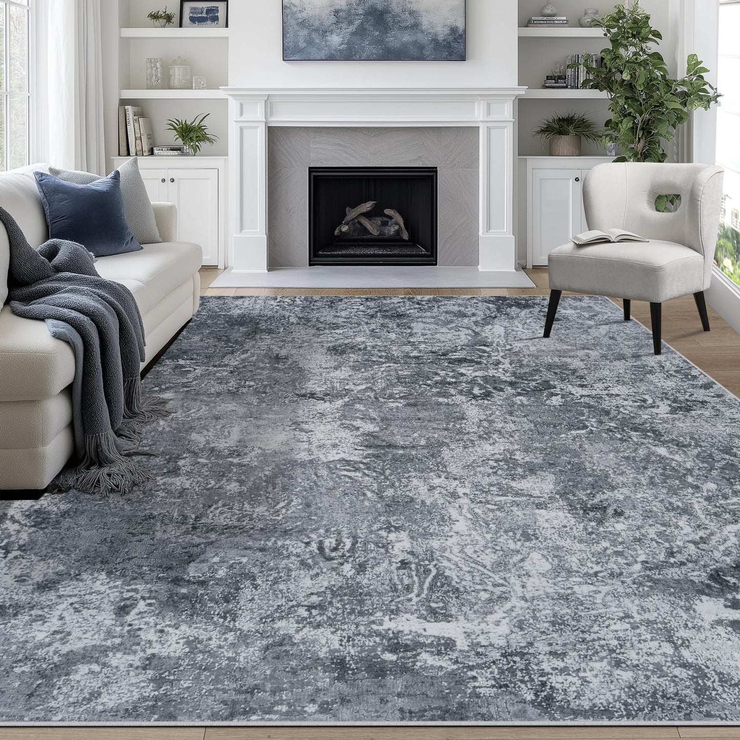 9x12 Area Rugs for Living Room Washable: Abstract Large Rug for Dining Room Bedroom Carpet Non Slip 9 by 12 Indoor Modern Nursery Home Office Blue Grey
