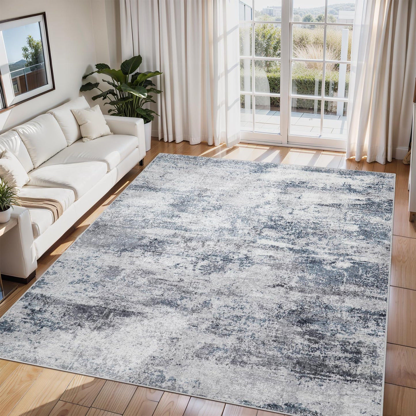 9x12 Area Rugs for Living Room Washable: Abstract Large Rug for Dining Room Bedroom Carpet Non Slip 9 by 12 Indoor Modern Nursery Home Office Blue Grey