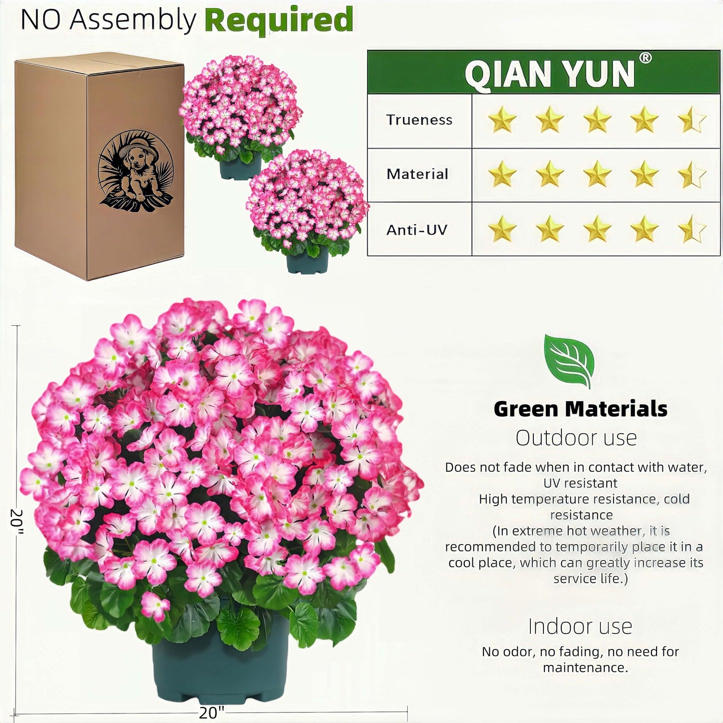 QIANYUN Artificial Geranium Bush – 20 Inch Outdoor Potted Artificial Plant for Front Porch, UV Resistant Faux Flower Bush for Garden, Yard & Patio Decor (2 Pack)
