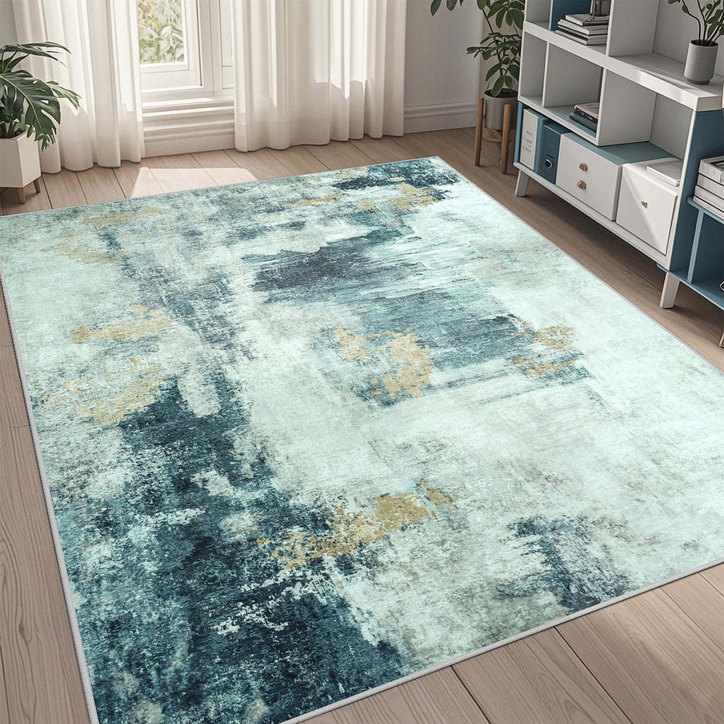 9x12 Area Rugs for Living Room Washable: Abstract Large Rug for Dining Room Bedroom Carpet Non Slip 9 by 12 Indoor Modern Nursery Home Office Blue Grey